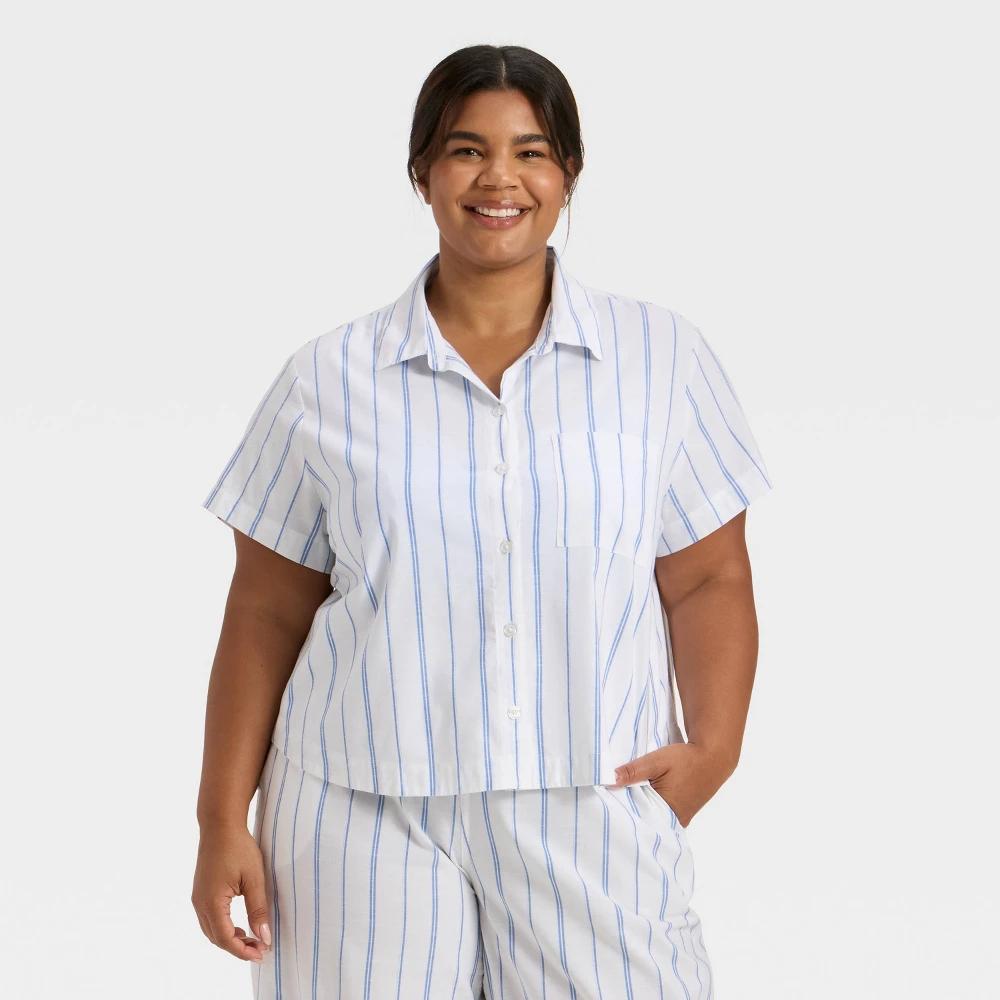 Women's Striped Cotton Blend Short Sleeve Pajama Shirt - Auden™ White/Blue 4X Product Image