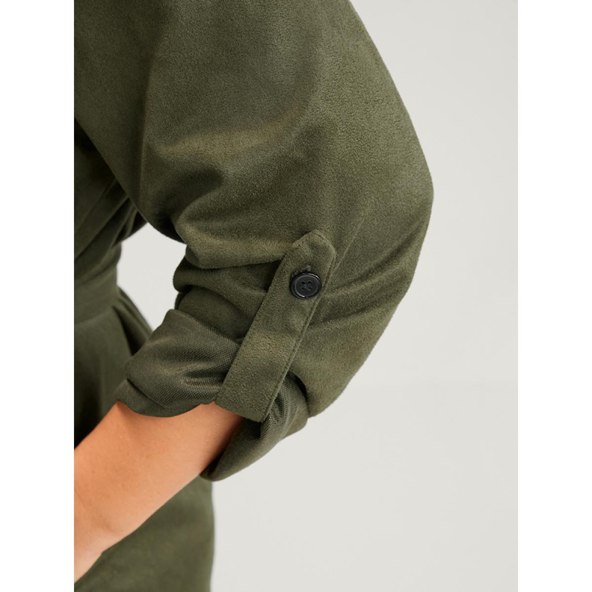 Plus Size Solid Cuffed Sleeve Pocket Button Down Belted Coat Women ArmyGreen Casual Belted Ladies Dailywear Winter Coats BloomChic 14-16/1X Product Image