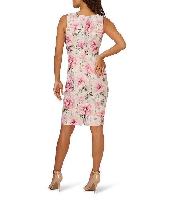 Adrianna Papell Jacquard Floral Print Asymmetrical Neck Sleeveless Sheath Mini Dress Product Image
