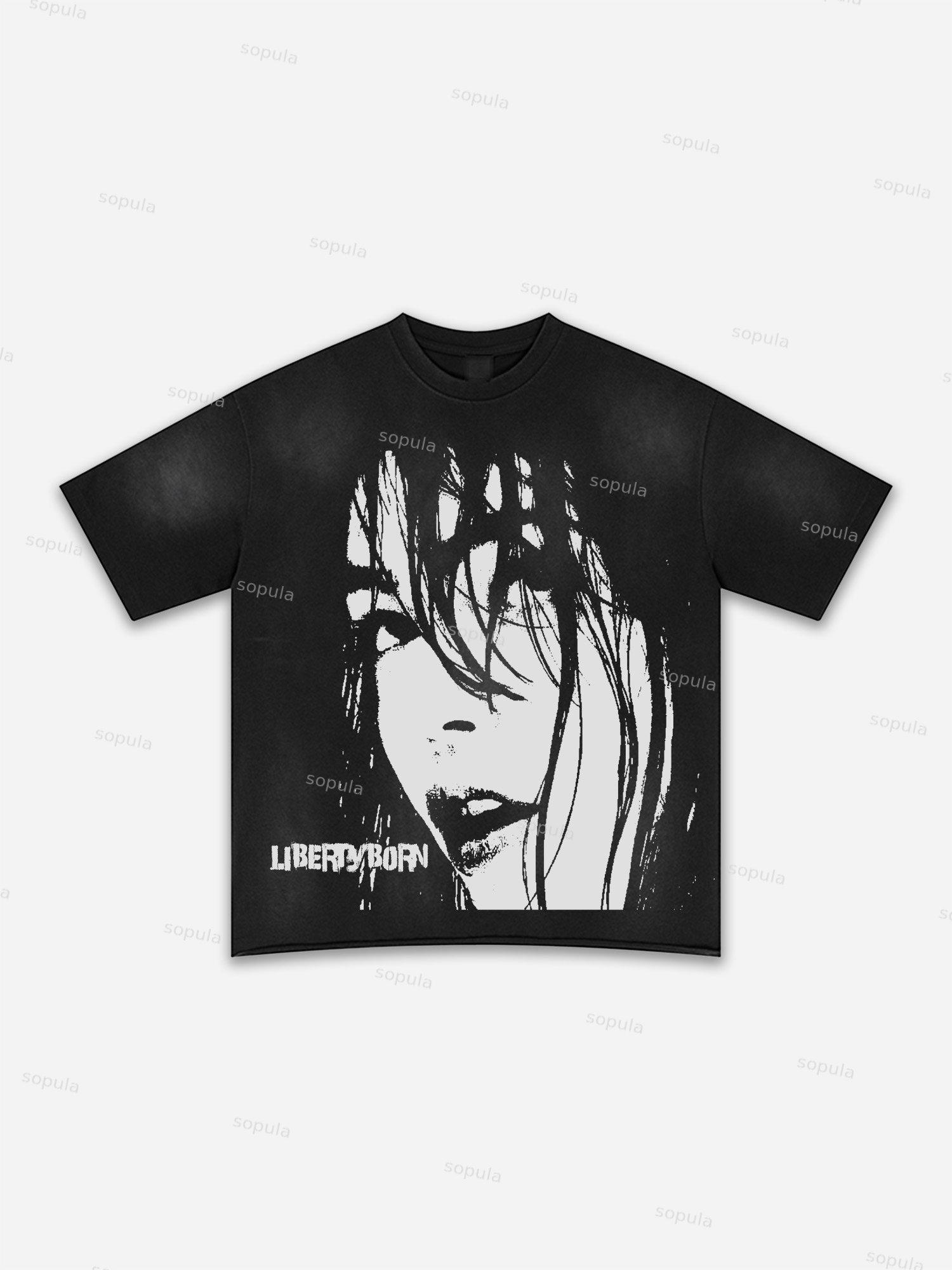 Authentic Abstract Portrait Print Washed T-shirt Product Image