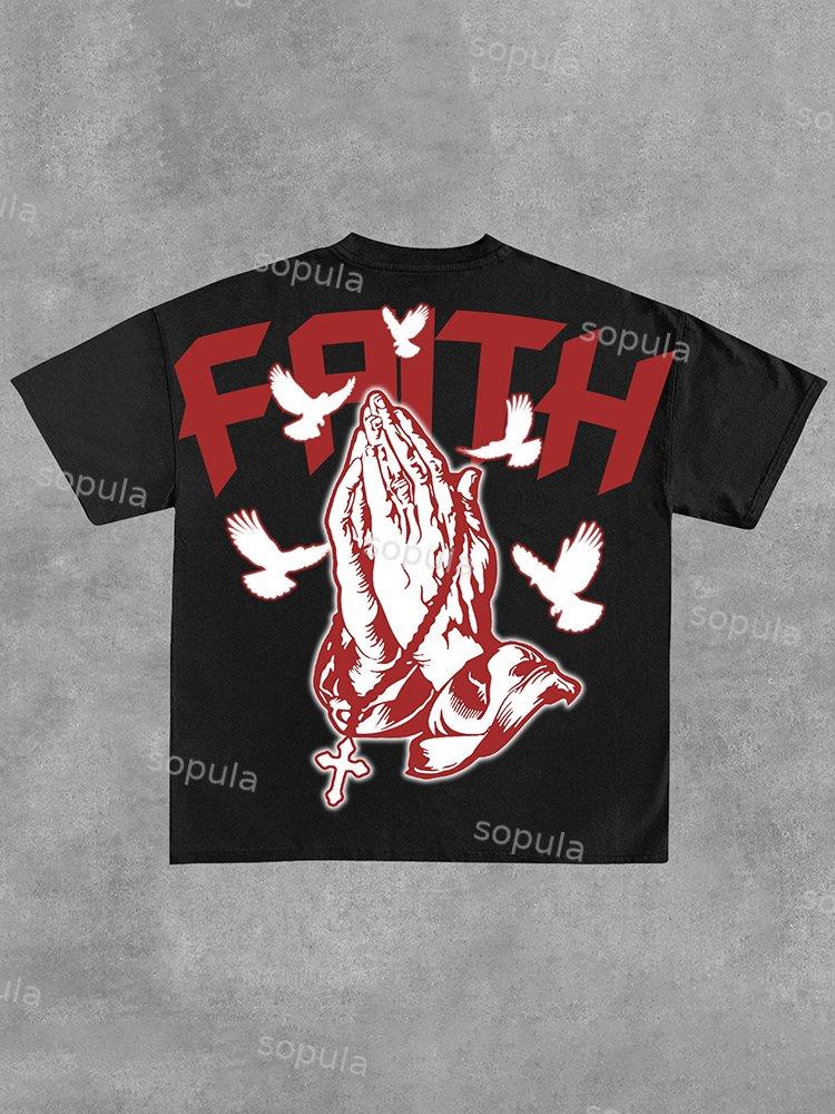 Sopula Faith Praying Hands Graphic Cross Print Cotton T-Shirt Product Image