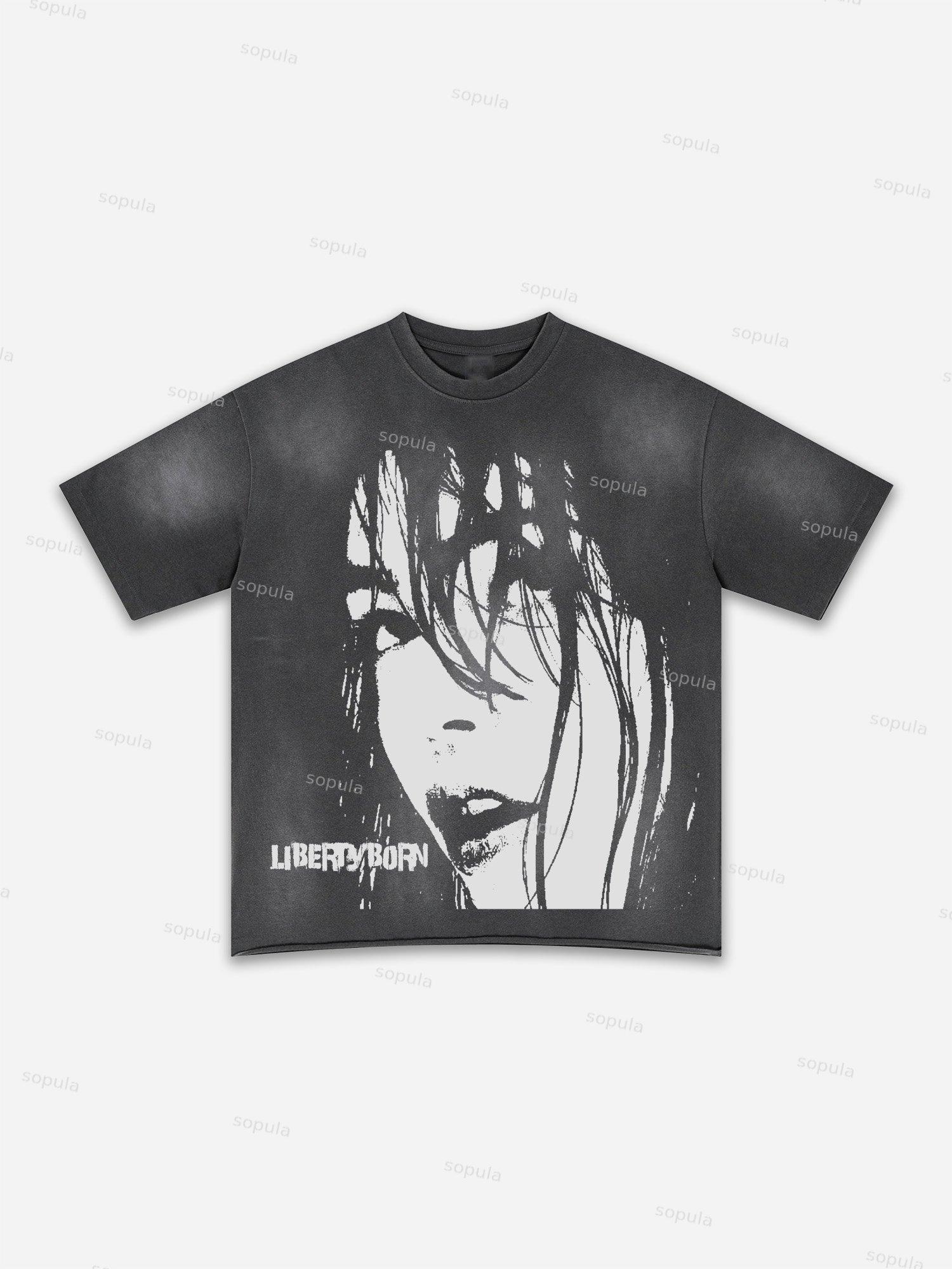 Authentic Abstract Portrait Print Washed T-shirt Product Image