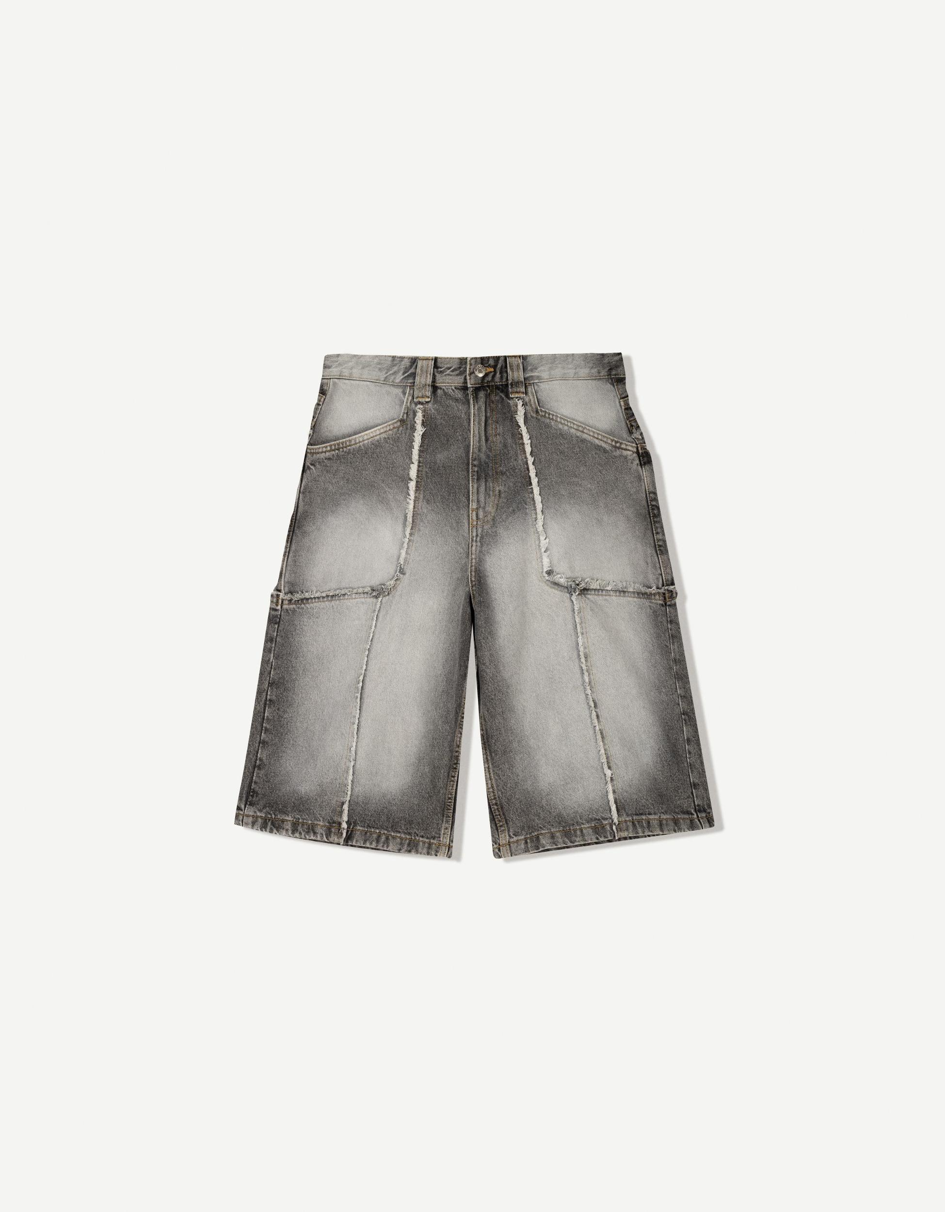 Baggy denim Bermuda shorts with fringing Product Image