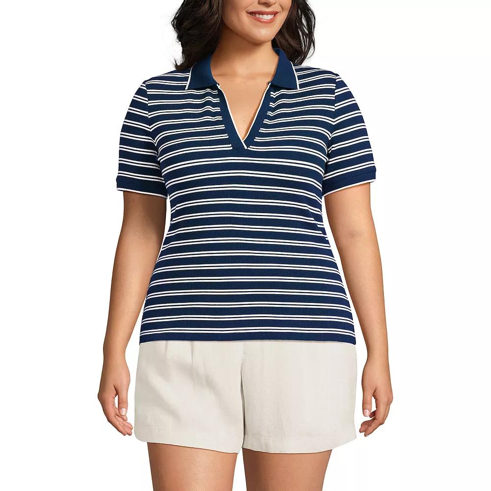 Plus Size Lands' End Short Sleeve Ribbed Polo, Women's, Size: 2XL, Blue Dual Stripe Product Image