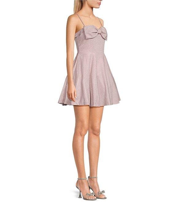 City Vibe Spaghetti Strap Front Bow Glitter Skater Party Dress Product Image