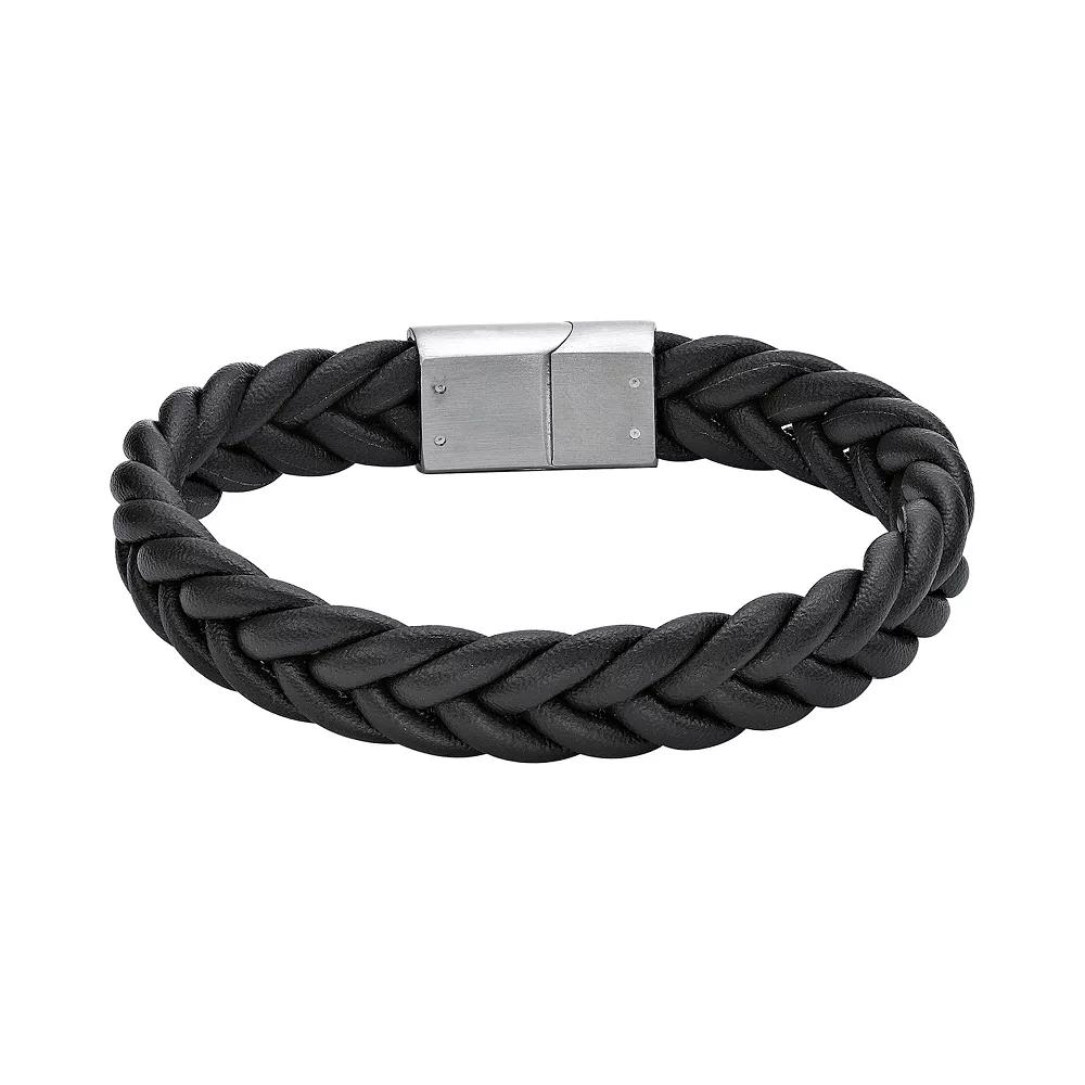 LYNX Men's Stainless Steel & Braided Leather Bracelet, Size: 8.25, Brown Product Image