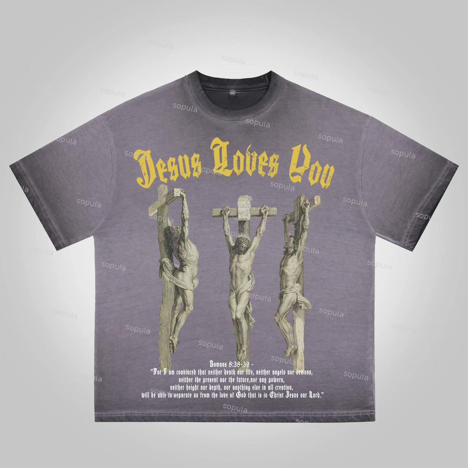 Sopula Jesus Portrait Jesus Loves You Bible Graphic Print Washed Cotton T-Shirt Product Image