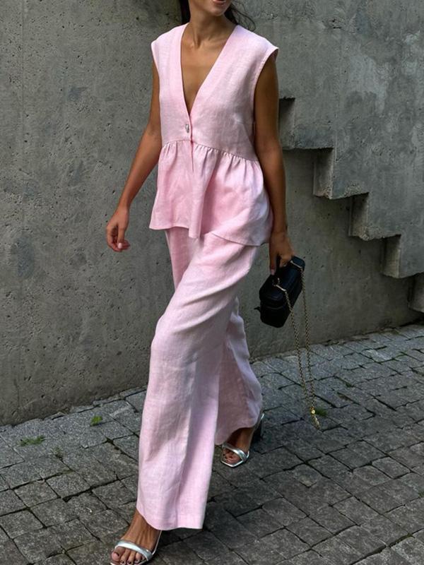Loose Split-Joint Sleeveless Pleated V-Neck Vest + Pants Trousers Two Pieces Set Product Image