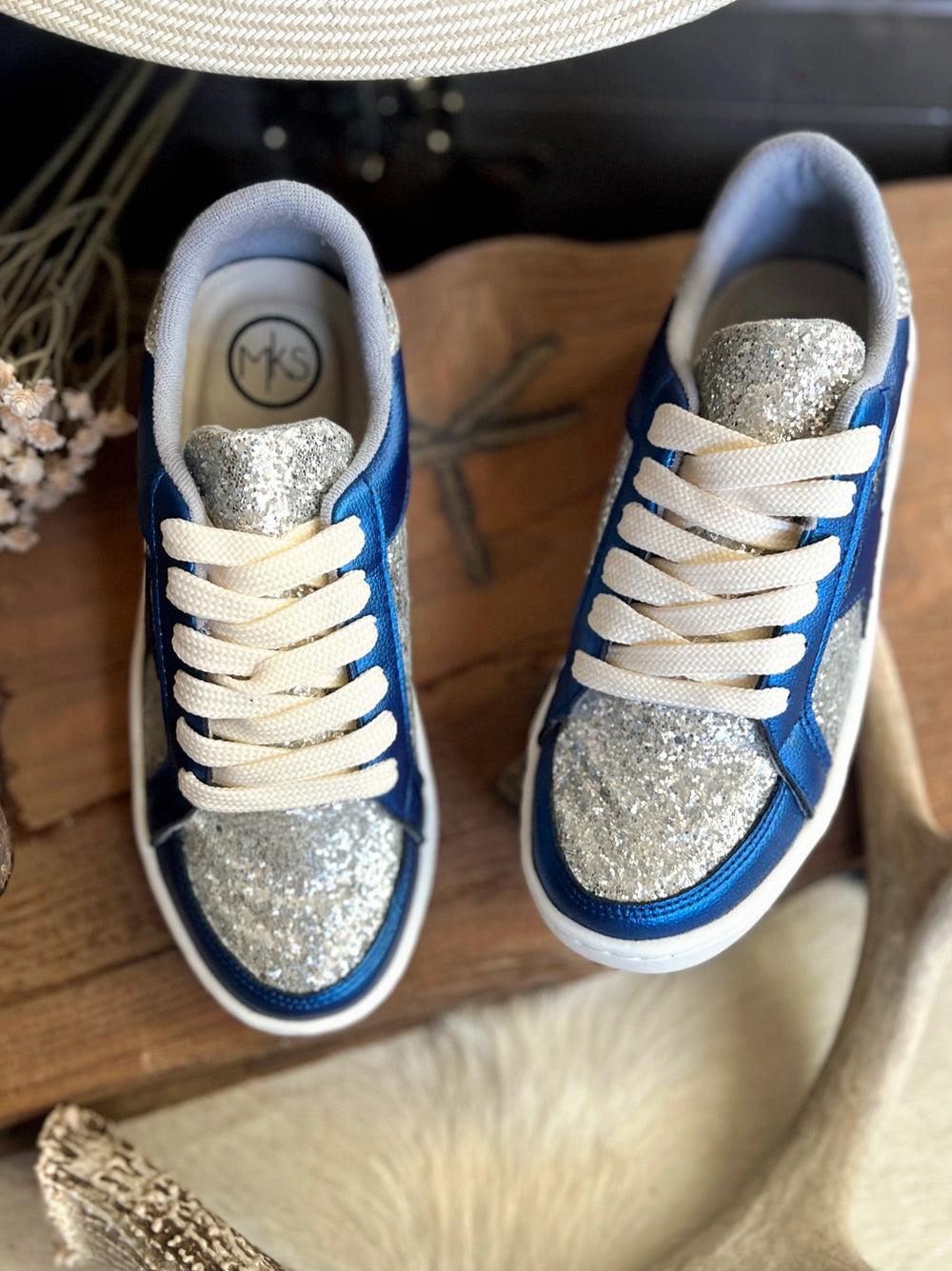 Metallic Blue And Silver Glitter Sneakers Product Image