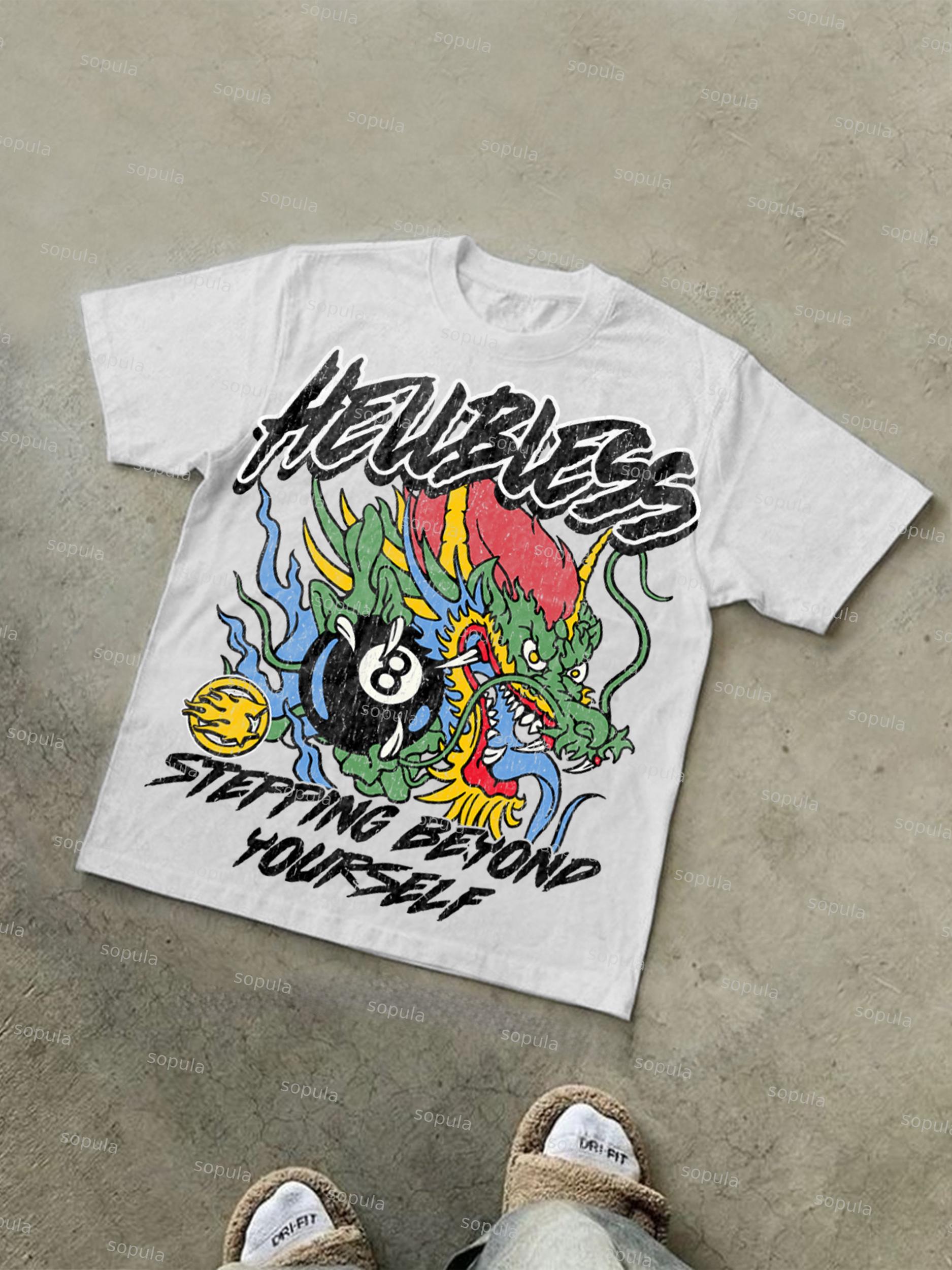 Black No. 8 Vintage Dragon Graphic Cotton T-shirt Product Image