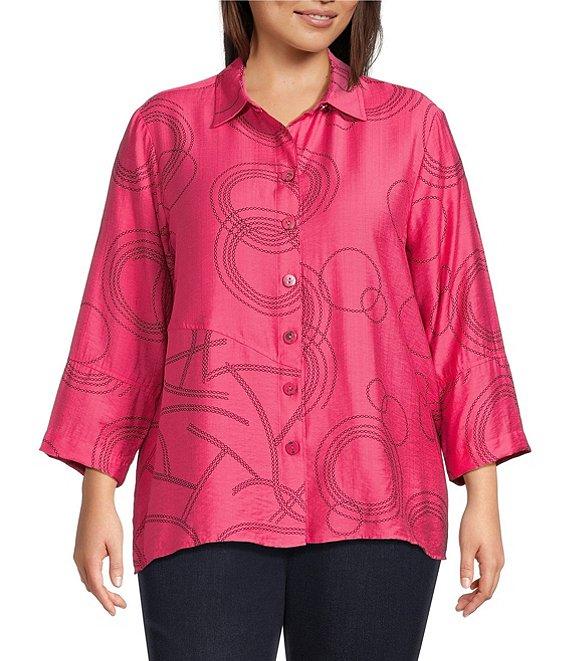 Ali Miles Plus Size Woven Geometric Print Point Collar 3/4 Sleeve Button-Front Tunic Product Image