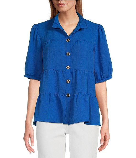 John Mark Wire Collar Short Sleeve Tiered Button-Front Top Product Image