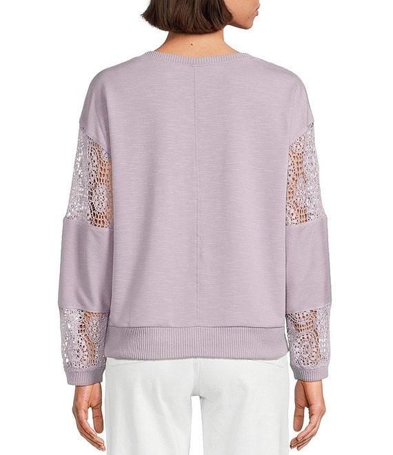 Nurture Petite French Terry Lace & Rib V-Neck Drop Shoulder Front Pocket Knit Pullover Product Image
