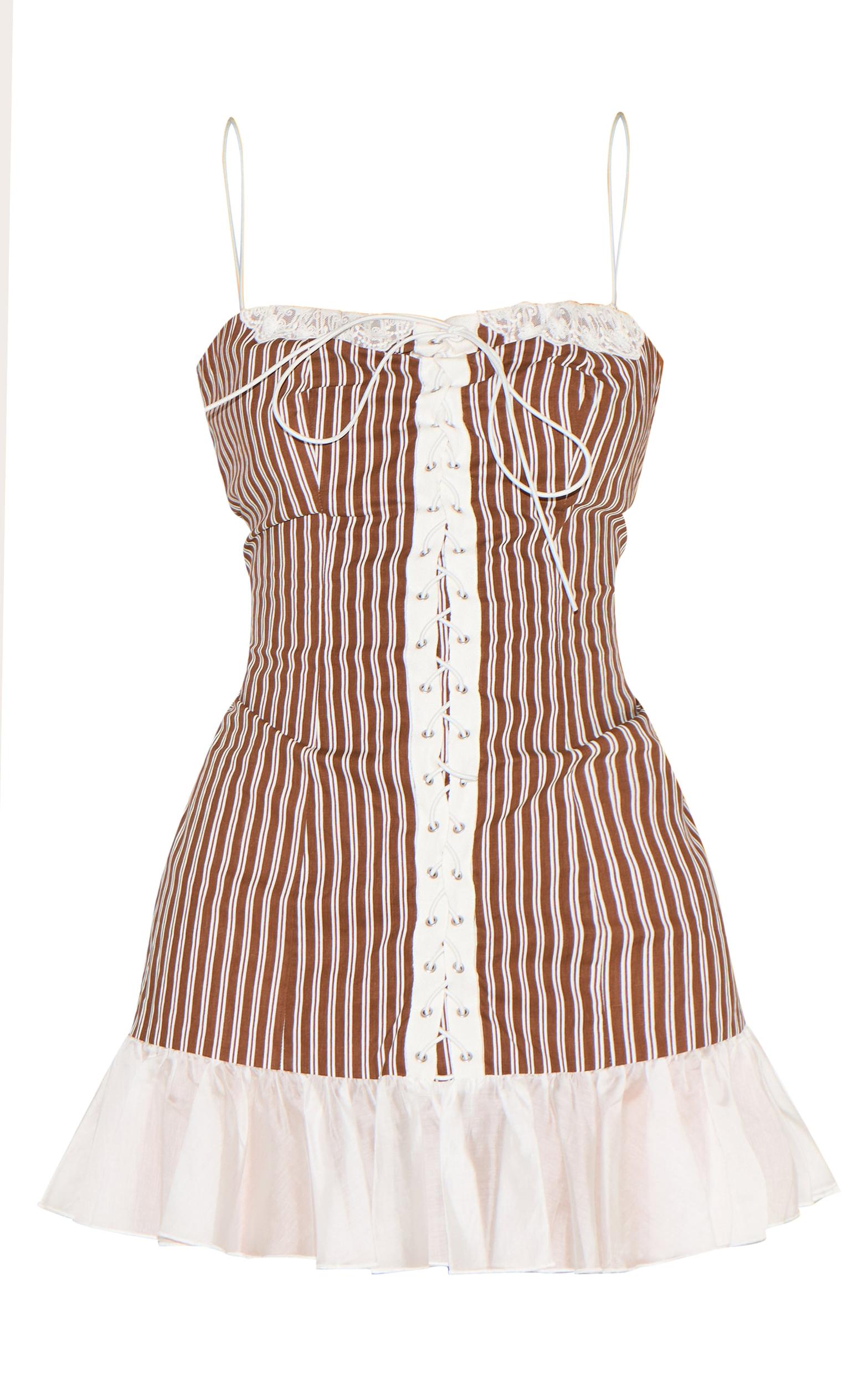 Chocolate Striped Lace Up Frill Hem Bodycon Dress Product Image