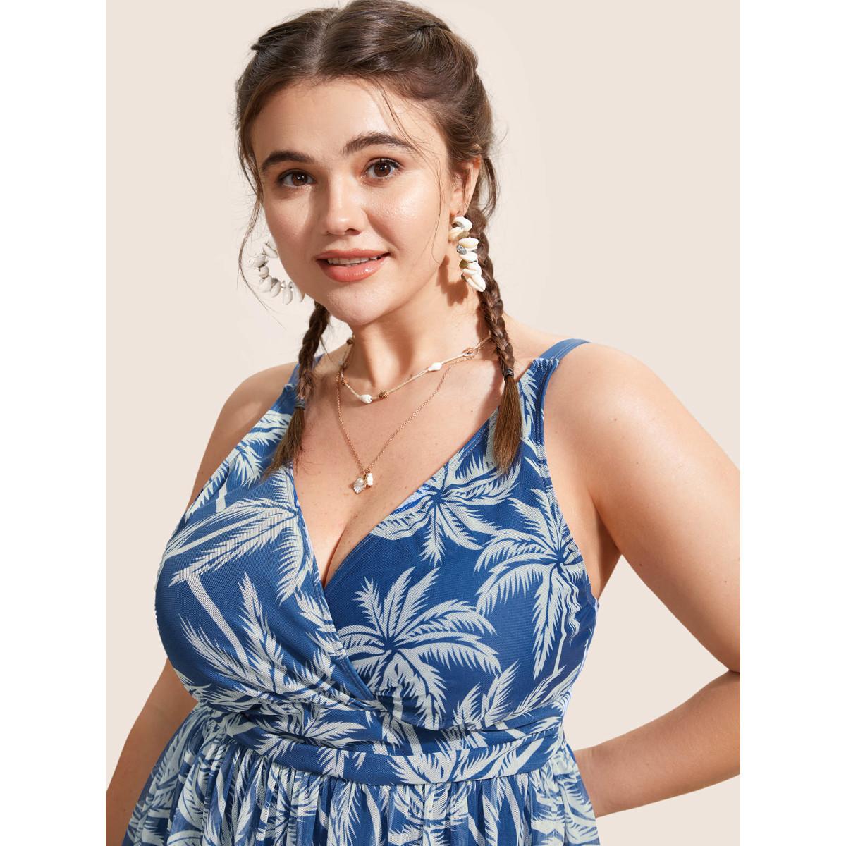 Plus Size Tropical Print Overlap Collar Swim Dress Women's Swimwear Mediumblue Beach Bodycon Overlap Collar High stretch Curve Swim Dresses BloomChic 10/M Product Image
