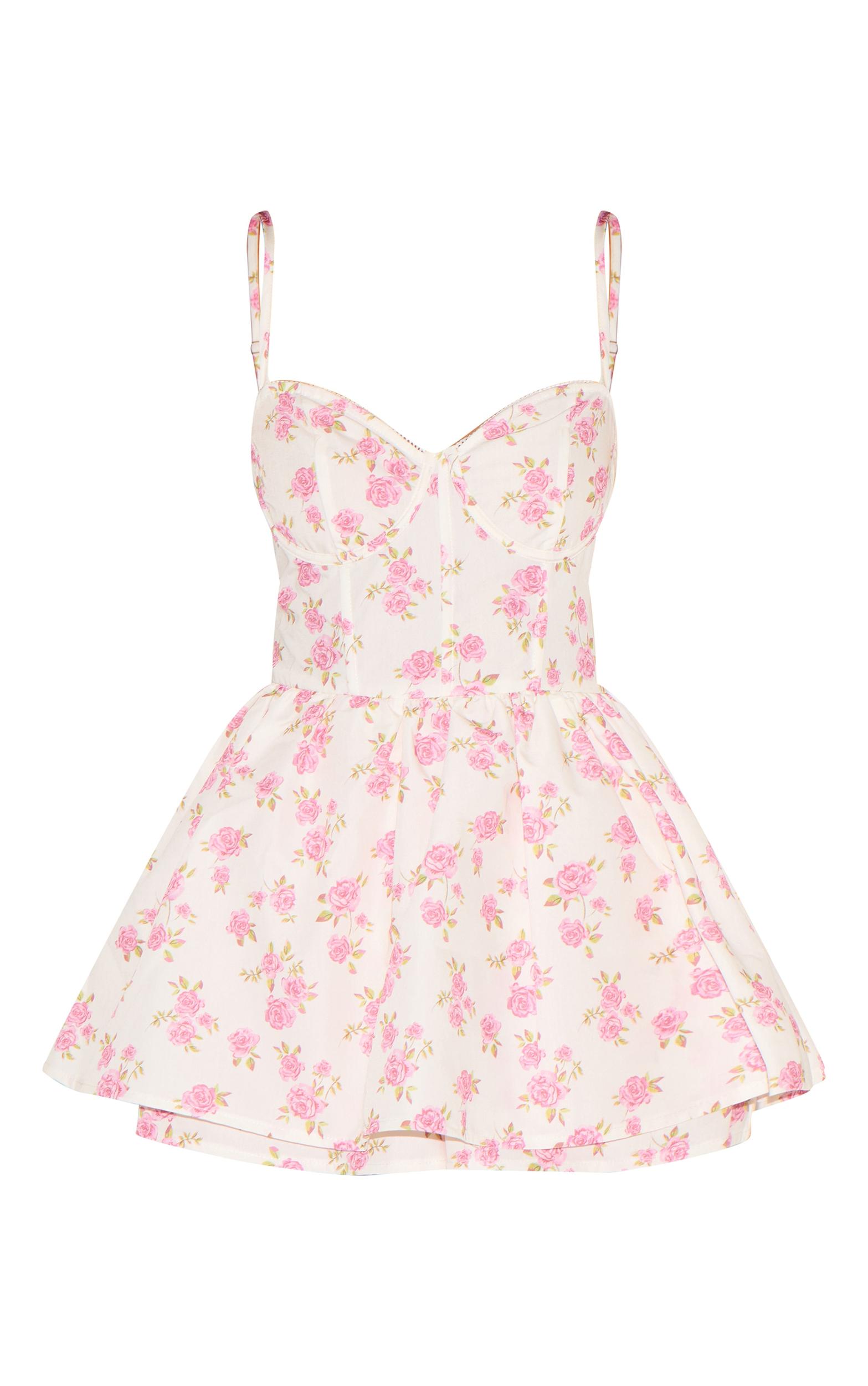 Pink Floral Print Corset Detail Floaty Skort Romper Product Image