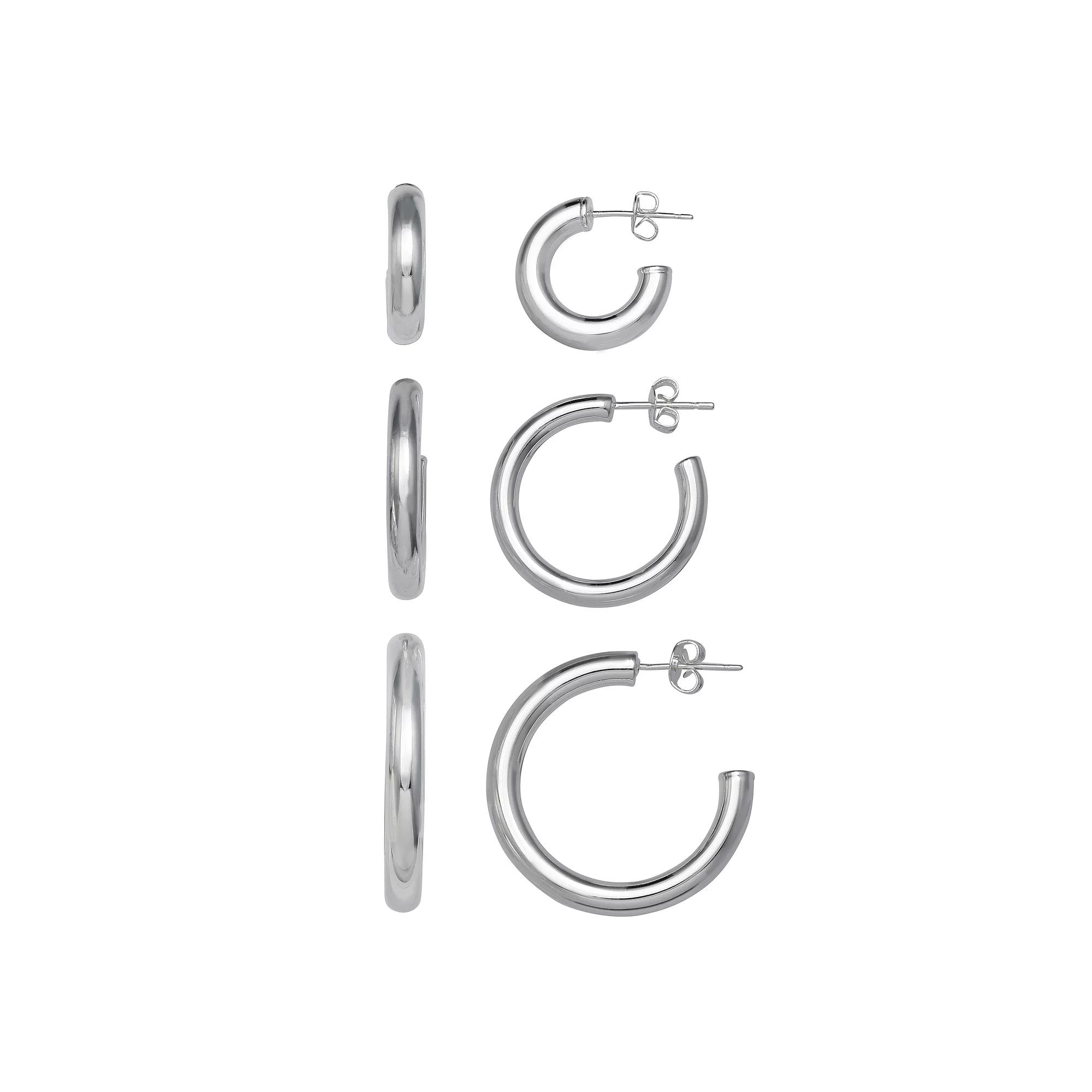 Aurielle 3-Pair Polished Hollow C-Hoop Earring Set, Women's, Silver Tone Product Image