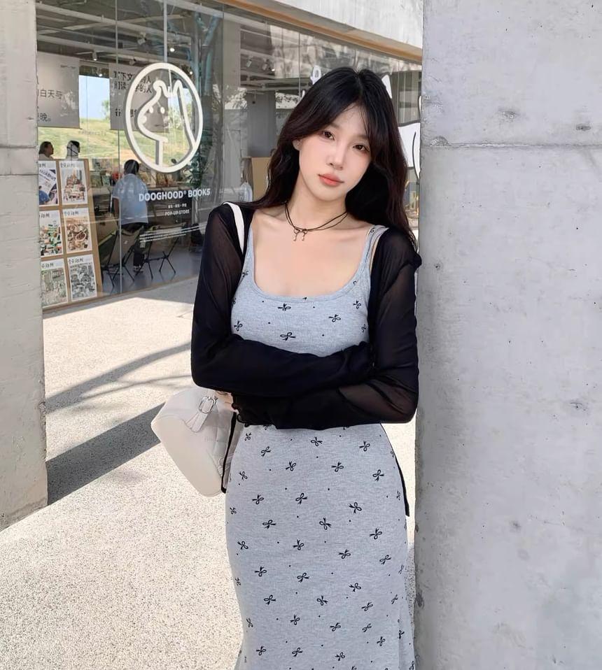 Set: Spaghetti Strap Floral Midi Sheath Dress + Plain Tie Front Bolero Cardigan Product Image