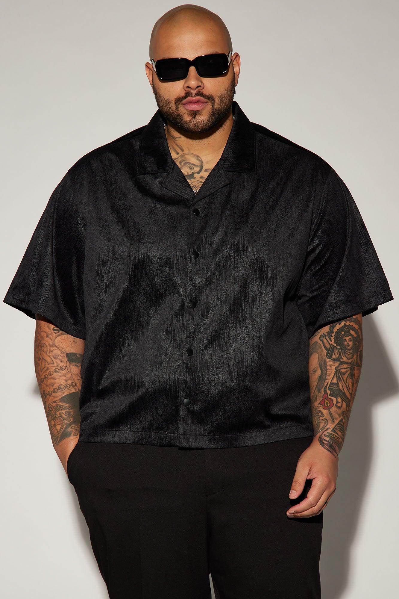 Patna Textured Faux Leather Cropped Button Up Shirt - Black Product Image