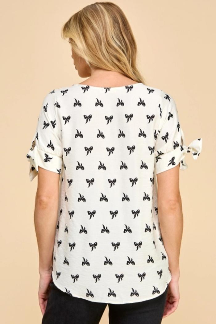 Bow Print Tie Sleeve Top Product Image