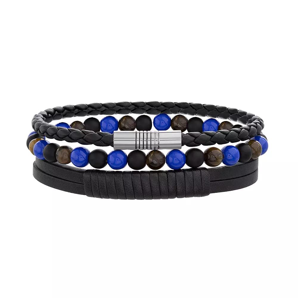 1913 Men's Tiger Eye & Sodalite Bead & Vegan Leather Bracelet Set, Size: 8.5", Stainless Product Image