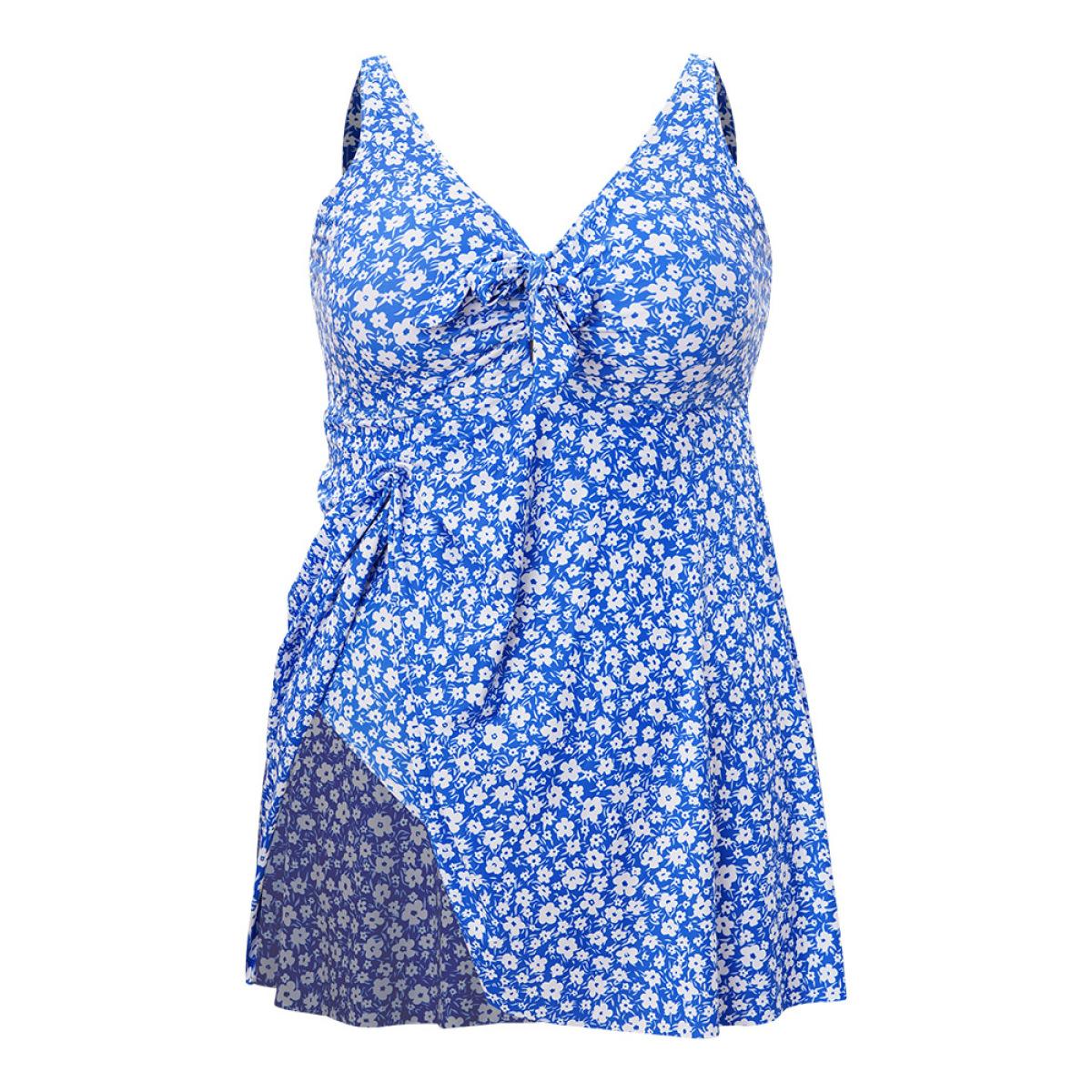 Plus Size Ditsy Floral Ruffle Knotted Front Swim Dress Women's Swimwear Blue Vacation Bodycon V-neck High stretch Curve Swim Dresses BloomChic 28/5X Product Image