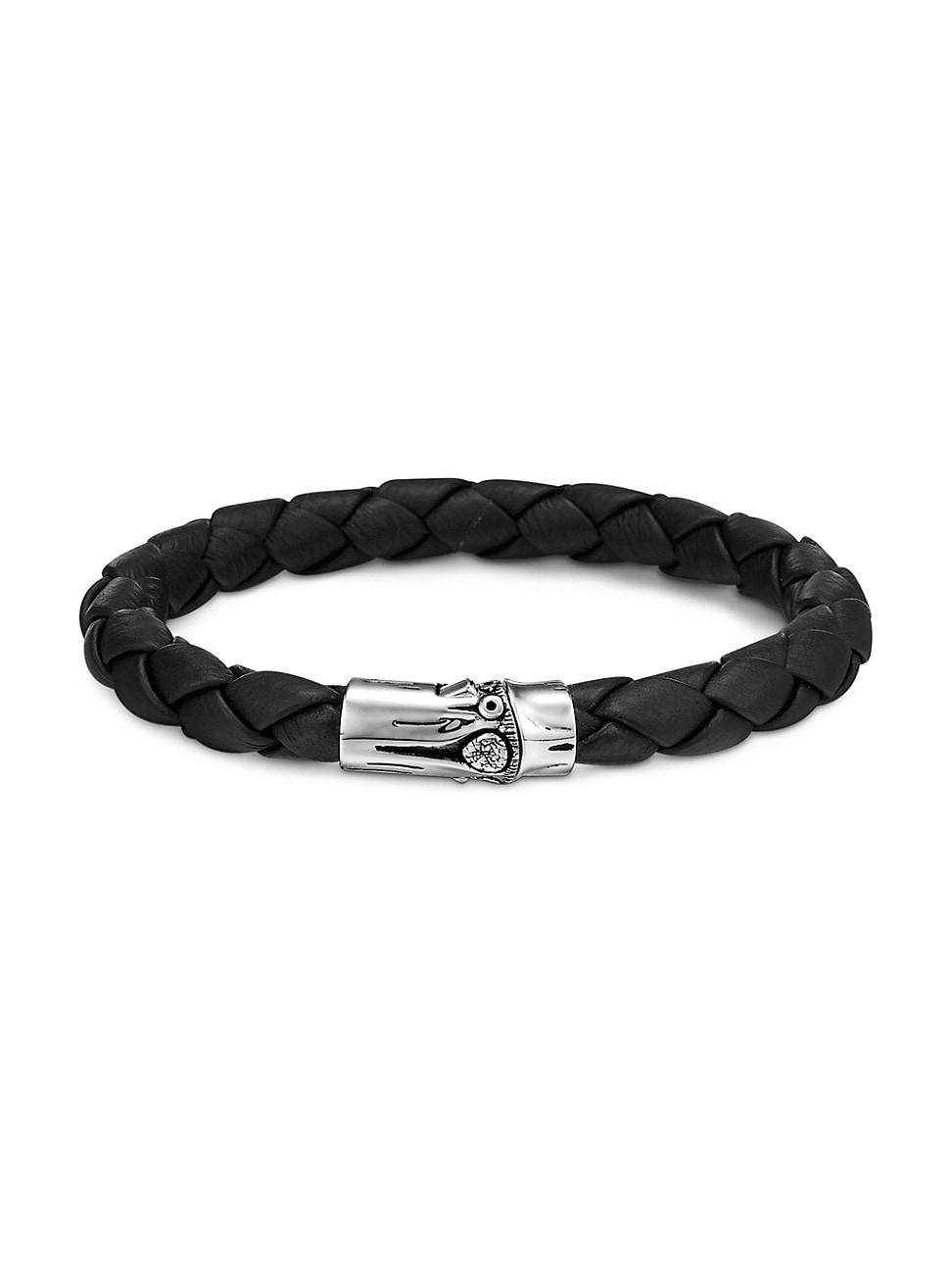Mens Bamboo Sterling Silver, Diamond & Leather Station Bracelet Product Image