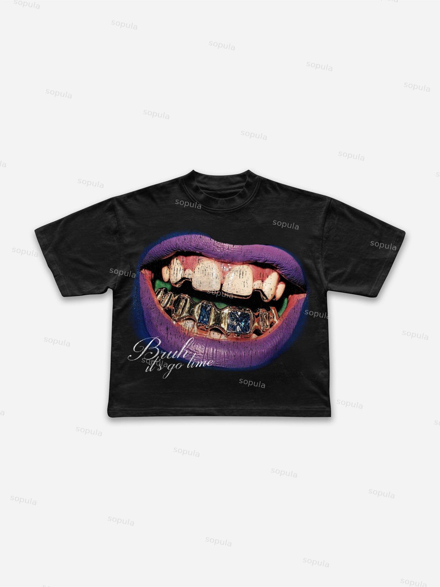 Bruh, It's Go Time Street Vintage Diamond Lips Graphic Cropped T-shirt Product Image