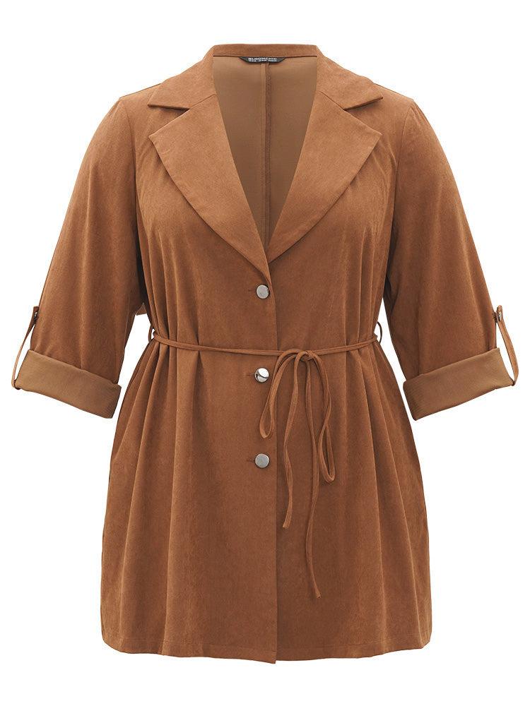 Plain Corduroy Belted Bowknot Roll Tab Sleeve Coat Female Product Image