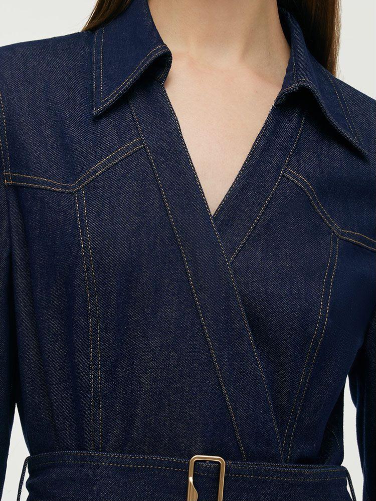 Denim Lapel Women Midi Dress With Belt Product Image
