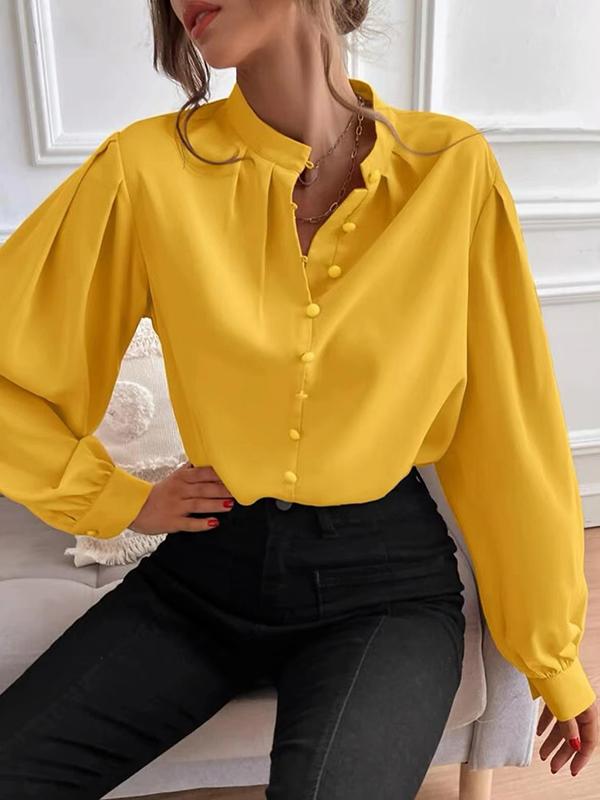 Loose Puff Sleeves Pleated Solid Color Split-Joint Stand Collar Blouses Product Image