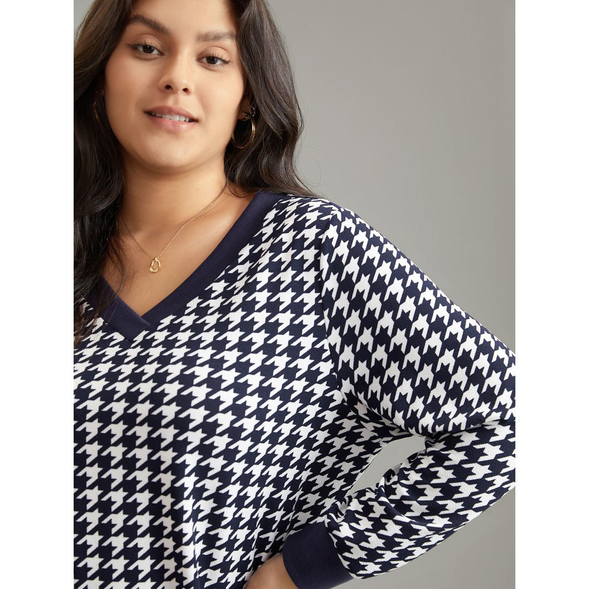 Plus Size Houndstooth Contrast V Neck Sweatshirt Midnight Women Casual Contrast Houndstooth V-neck Dailywear T-shirts BloomChic 14-16/1X Product Image