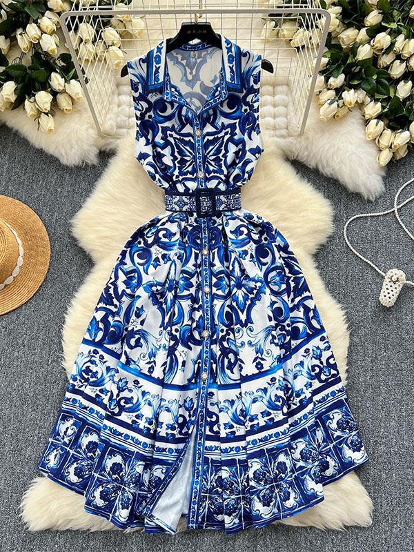 Sleeveless Belt Buckle Buttoned Contrast Color Floral Printed Midi Dresses Product Image
