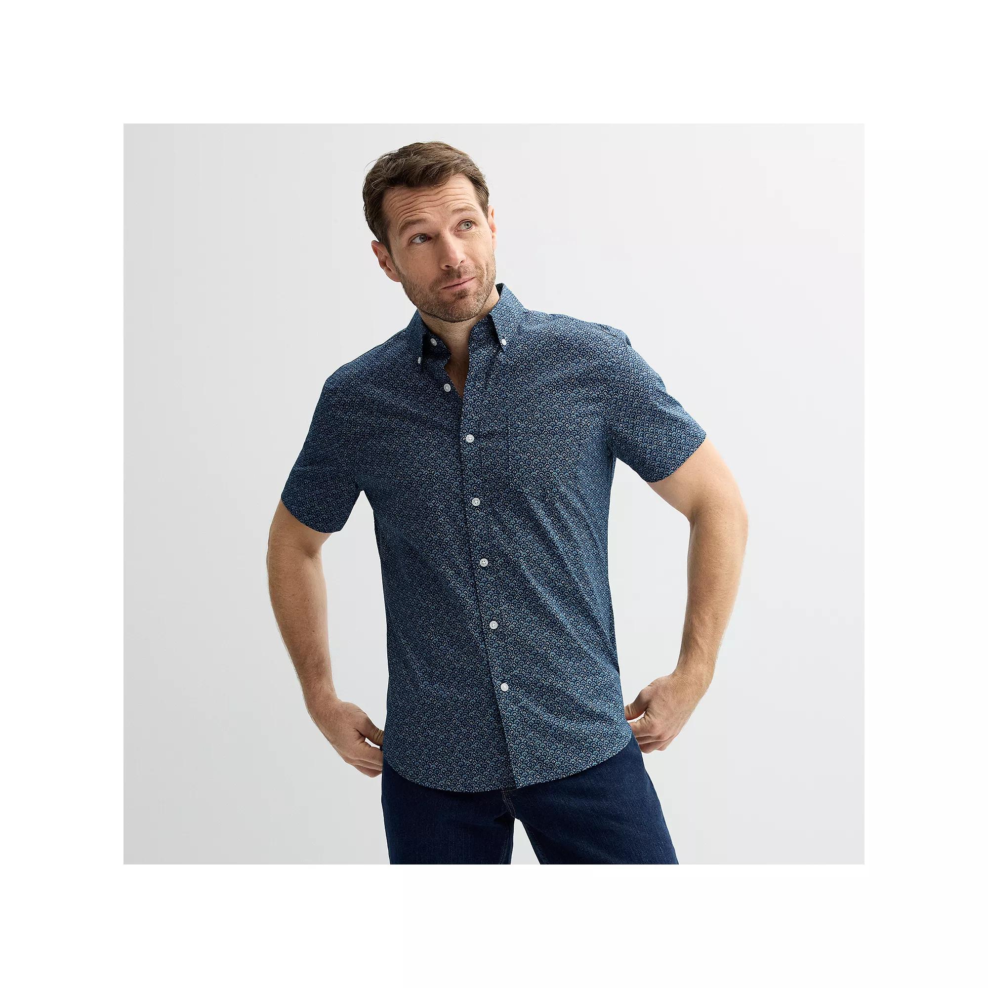 Men's Sonoma Goods For Life® Short Sleeve Perfect Length Button Down Shirt, Size: Medium, Blue Geo Product Image