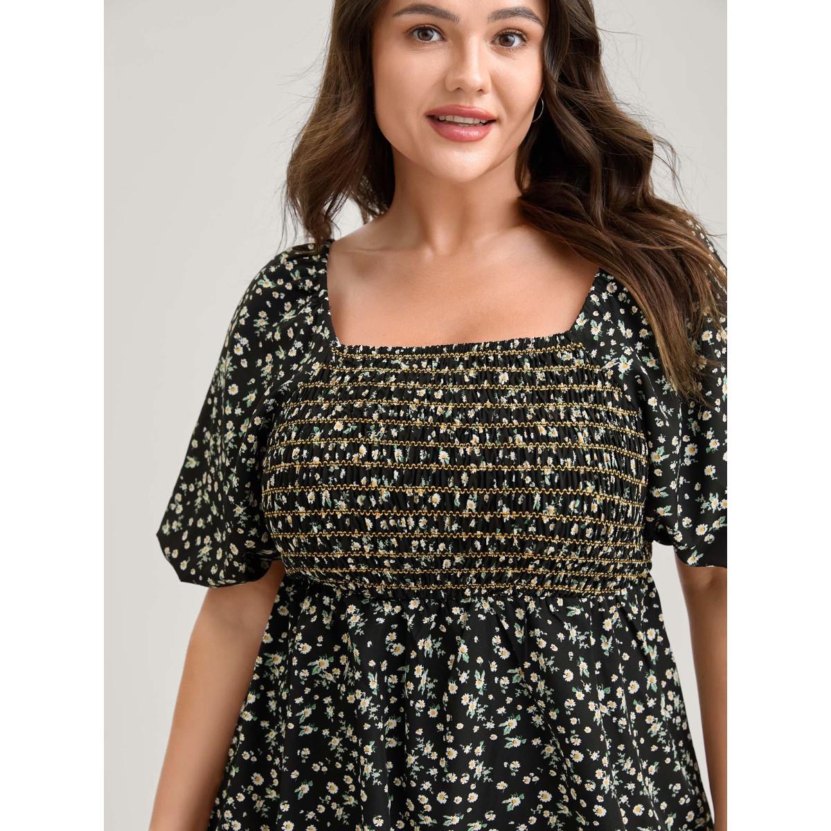 Plus Size Black Shirred Bust Floral Fit and Flared Blouse Women Short sleeve Square Neck Everyday-Elegant Blouses BloomChic 12/L Product Image