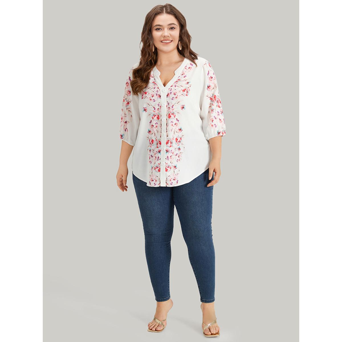Plus Size White Floral Print Button Detail Notched Lantern Sleeve Blouse Women Elegant Half Sleeve Notched collar Dailywear Blouses BloomChic 22-24/3X Product Image