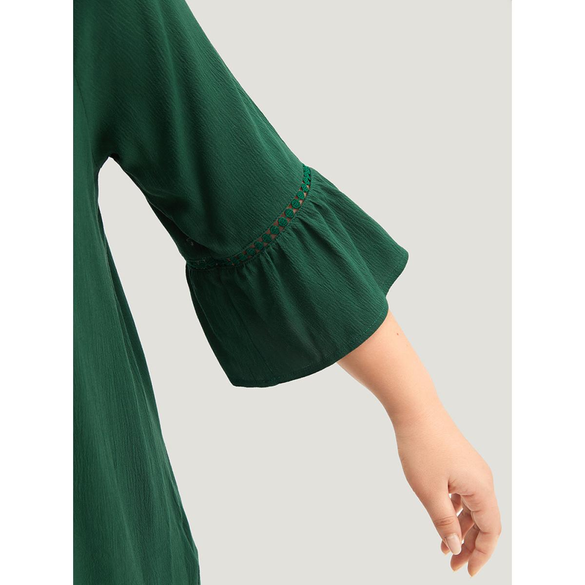 Plus Size Emerald Lace Panel Hollow Out Bell Sleeve Blouse Women Elegant Elbow-length sleeve V-neck Everyday Blouses BloomChic 30/6X Product Image