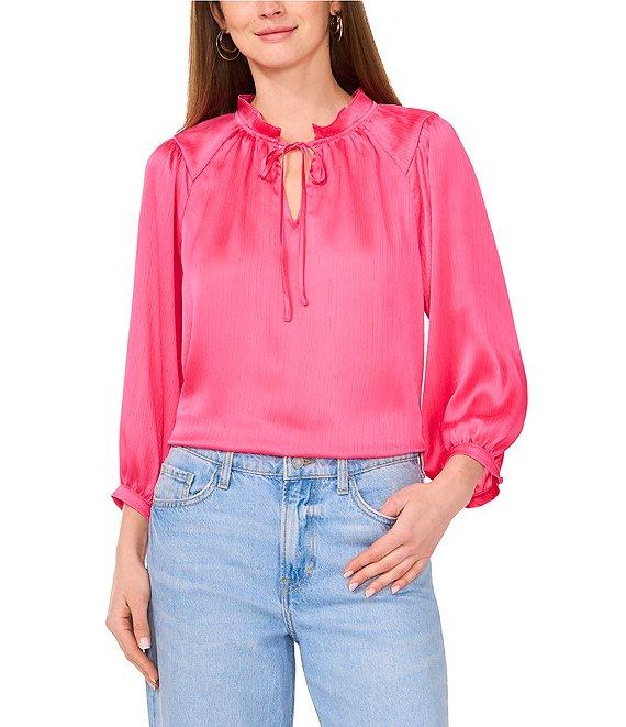 Vince Camuto Satin Split Round Neck 3/4 Sleeve Tie Front Blouse Product Image