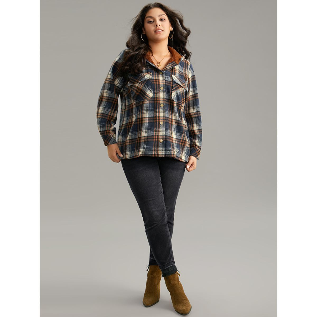 Plus Size Plaid Patchwork Pocket Button Through Hooded Coat Women Multicolor Casual Contrast Ladies Dailywear Winter Coats BloomChic 22-24/3X Product Image