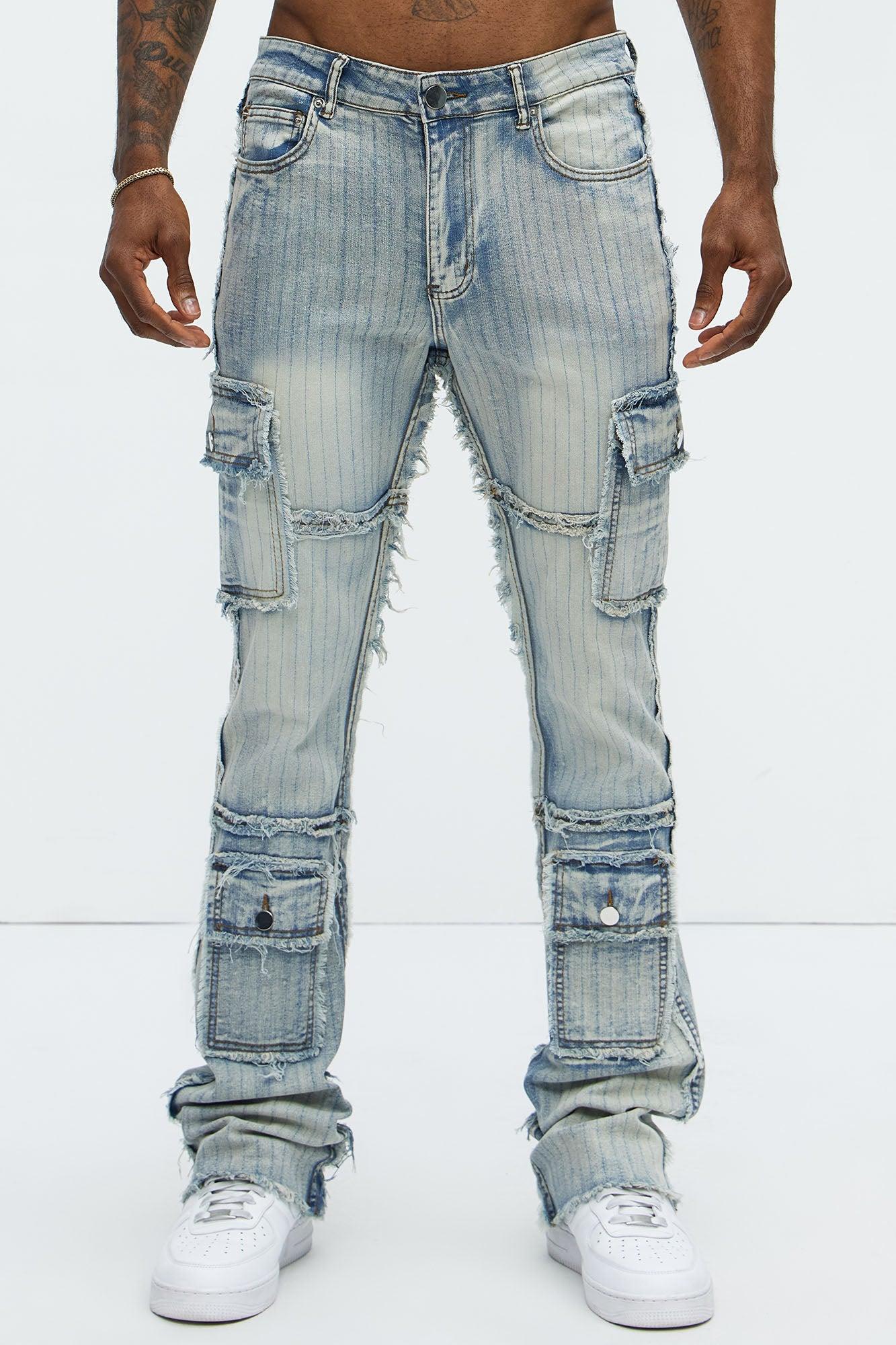 Stitched Down Cargo Stacked Skinny Flare Jeans - Light Wash Product Image