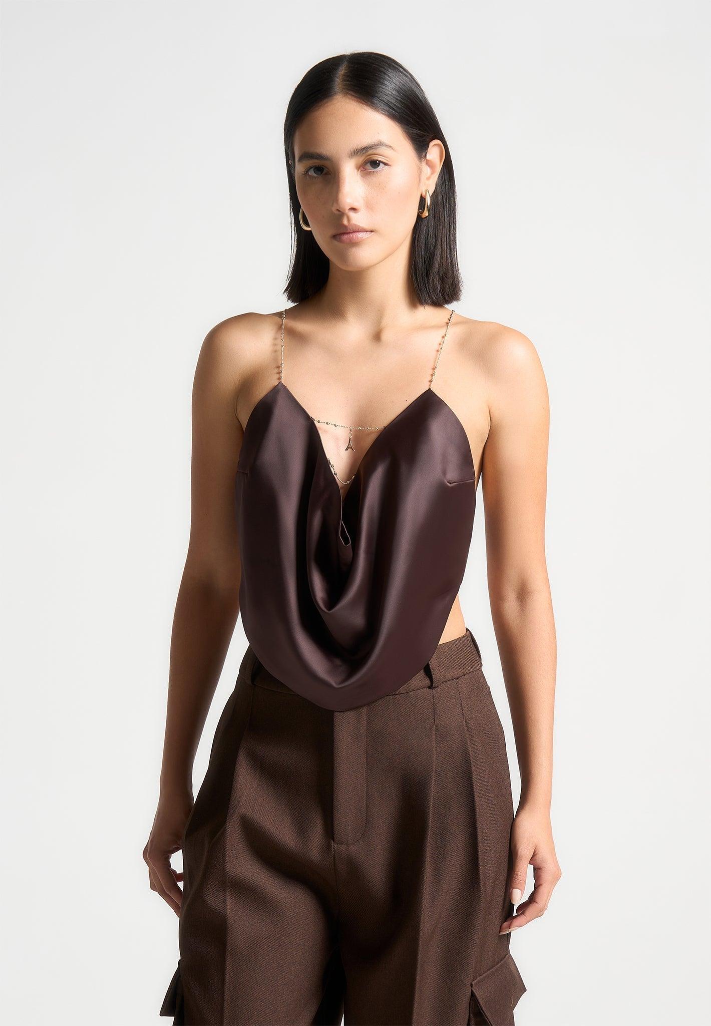 Satin Cowl Neck Top with Chain Detail - Brown Female Product Image