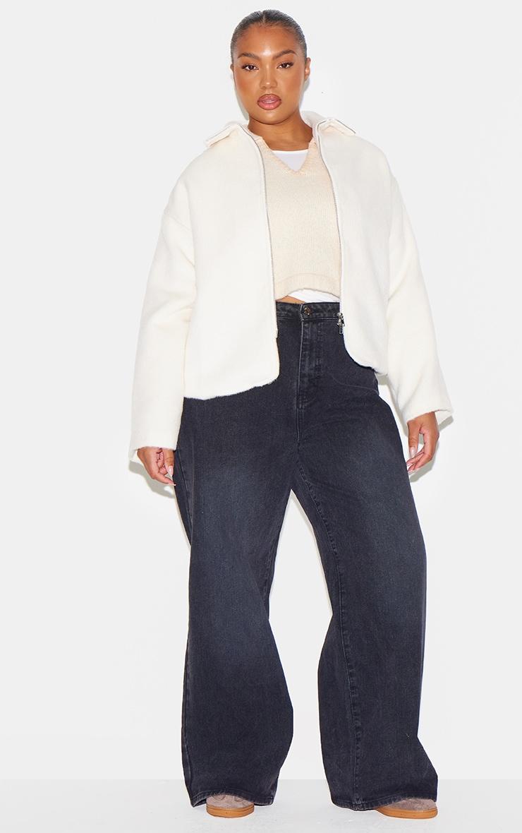 Plus Cream Wool Look Wide Collar Zip Up Jacket Product Image