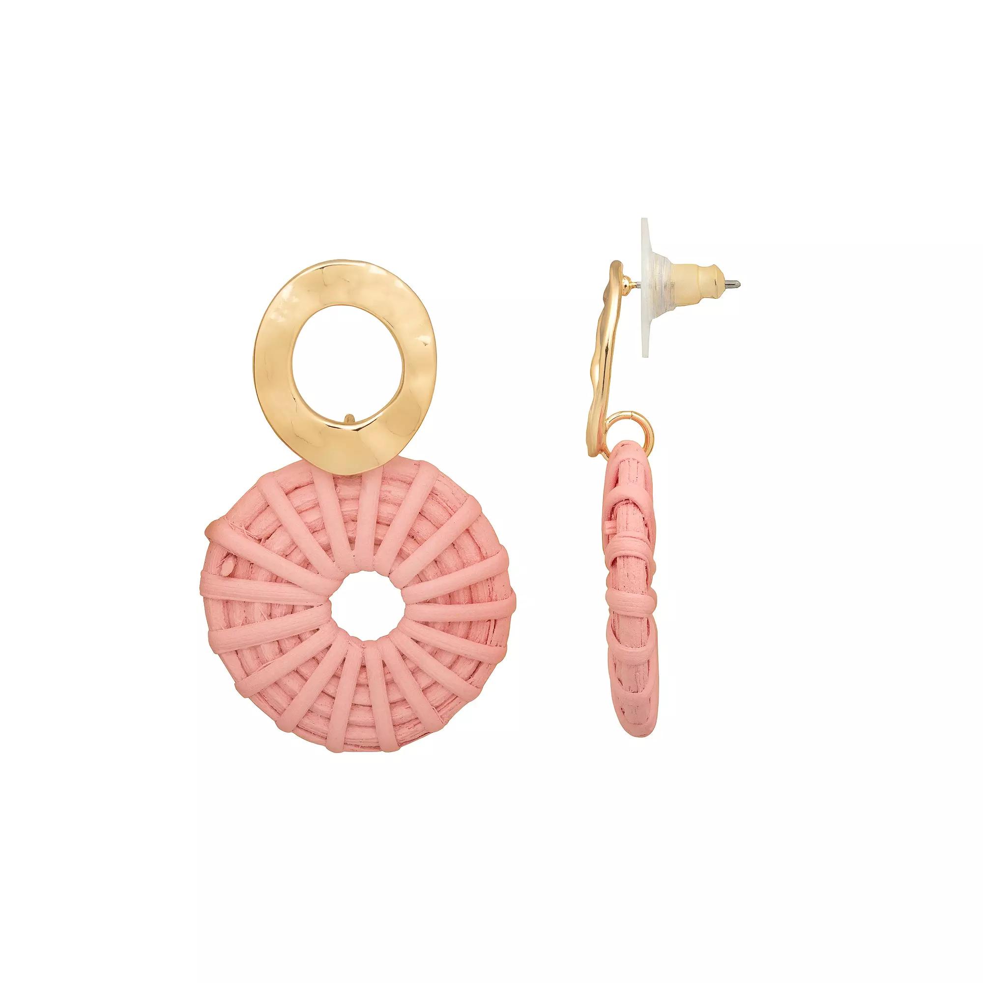 Emberly Gold Tone Rattan Woven Open Circle Drop Earrings, Women's, Pink Product Image