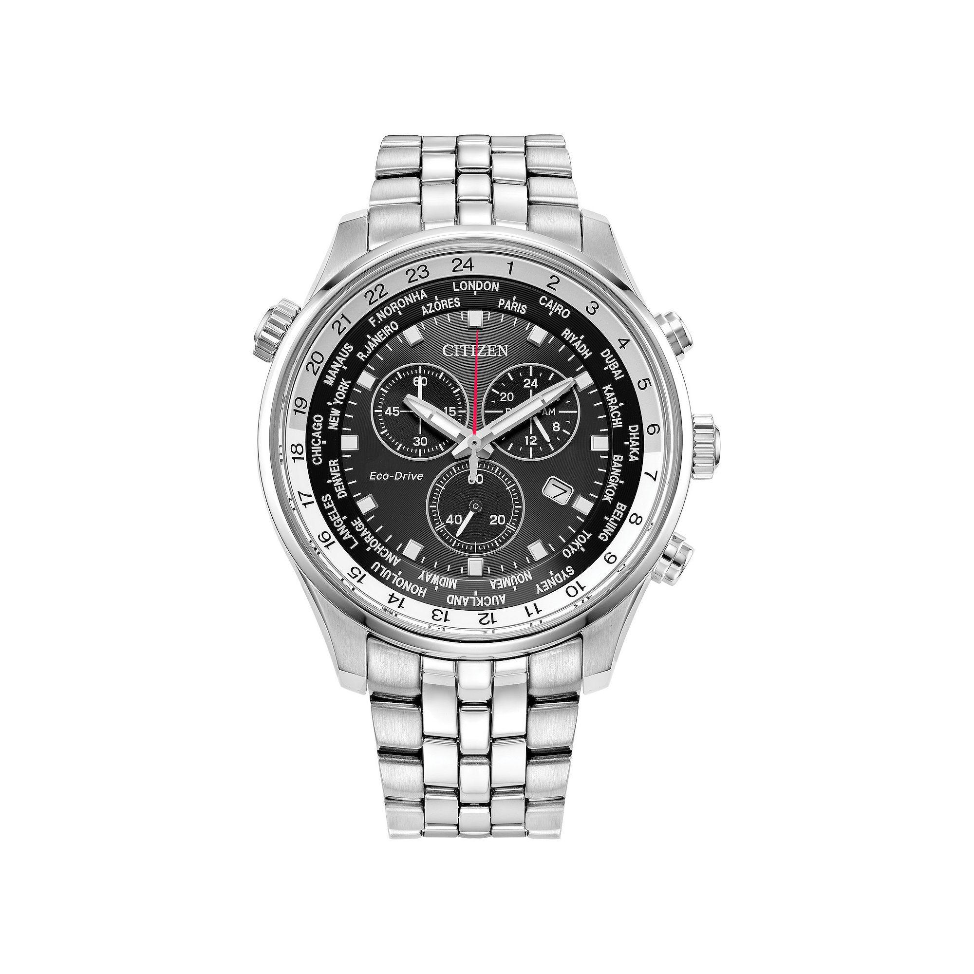Citizen Mens Eco-Drive Stainless Steel Chronograph World Time Black Dial Bracelet Watch - AT0368-58E Silver Product Image