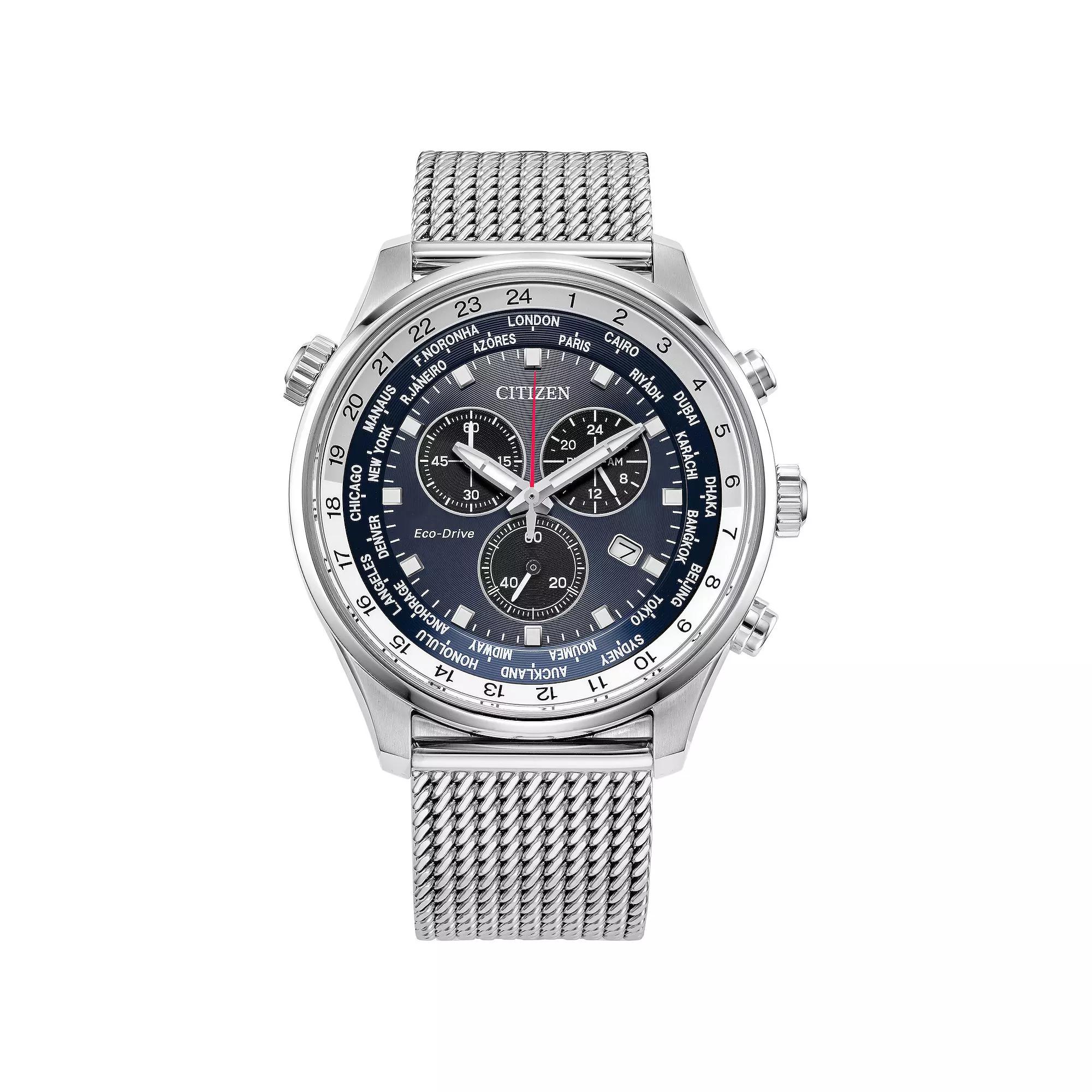 Citizen Mens Eco-Drive Stainless Steel Chronograph Blue Dial Mesh Bracelet Watch - AT0368-82L Silver Product Image