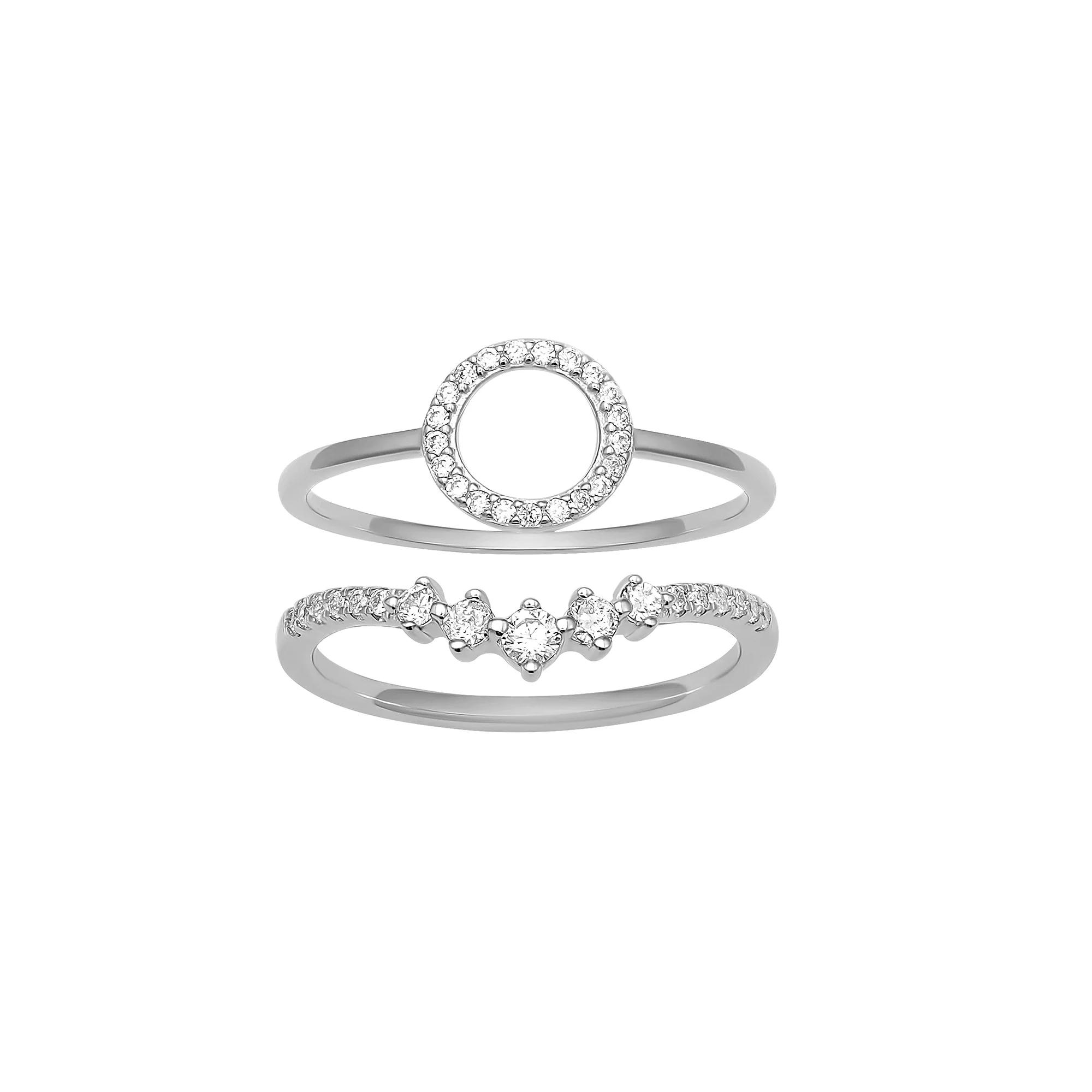 PRIMROSE Sterling Silver Cubic Zirconia Circle & V-Shape Ring Duo Set, Women's,  Product Image