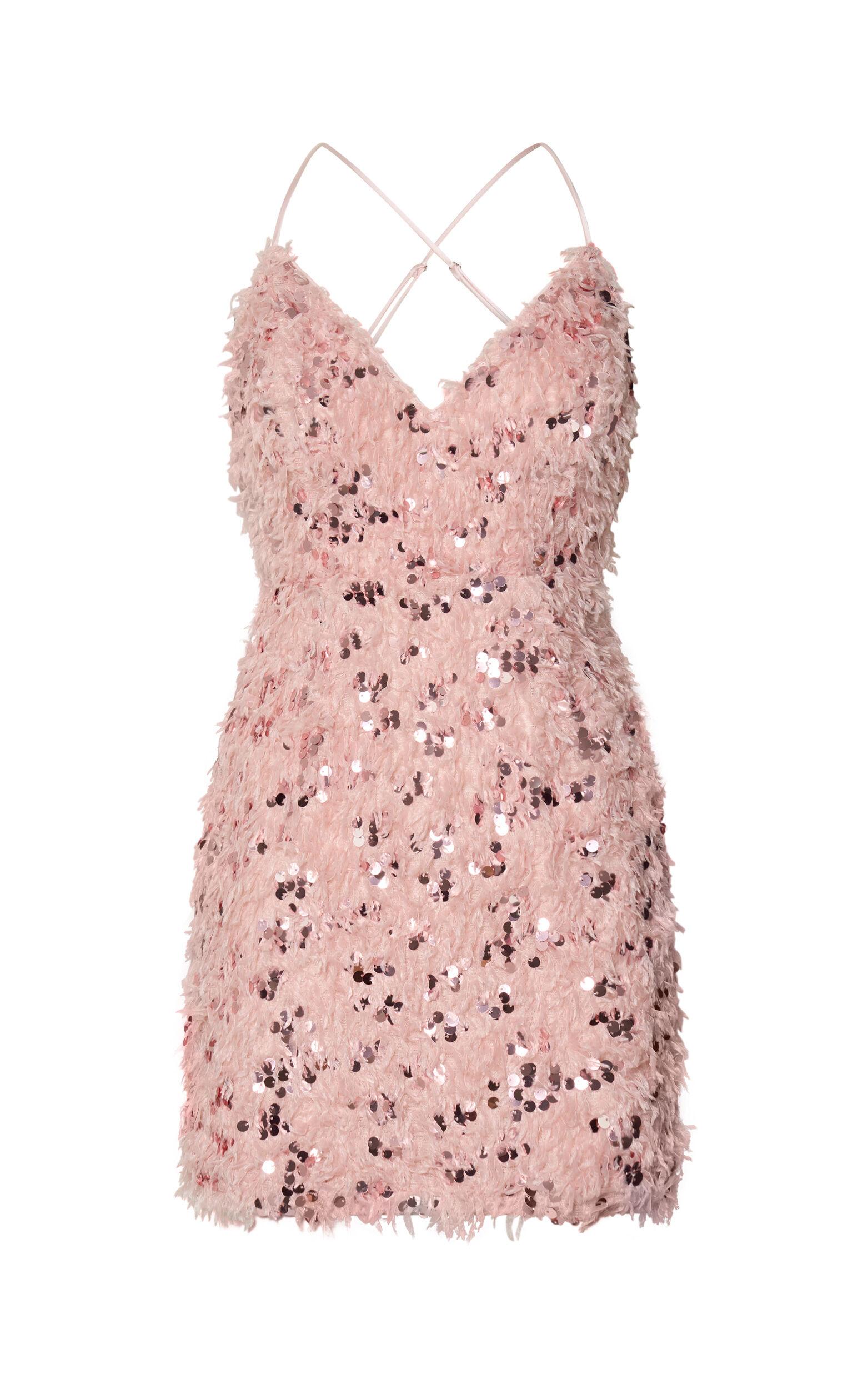 Spencer Mini Dress - Strappy V Neck Feather Sequin Dress in Light Pink Product Image