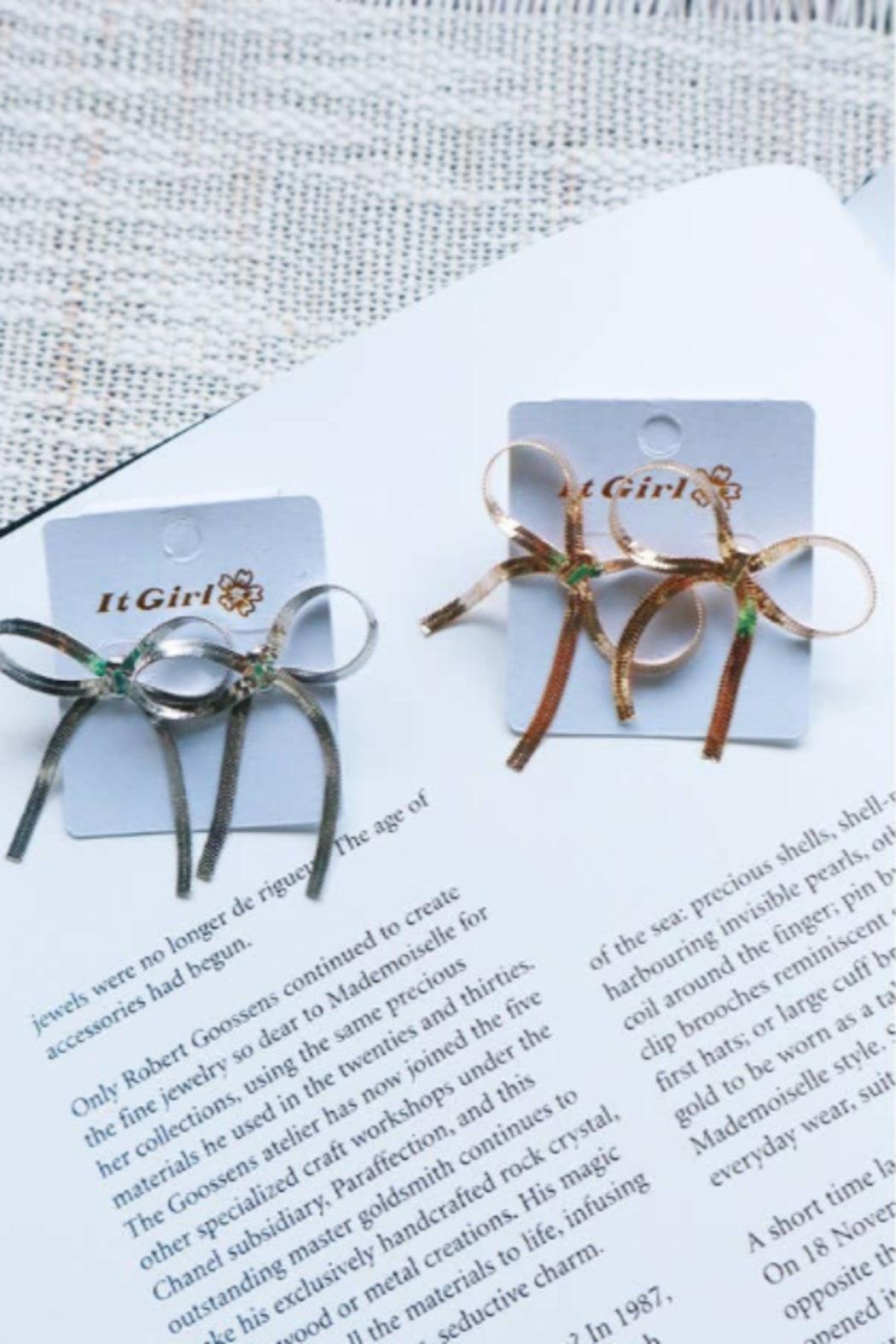 Gold and Silver Tessel Chain Bow Earrings Product Image