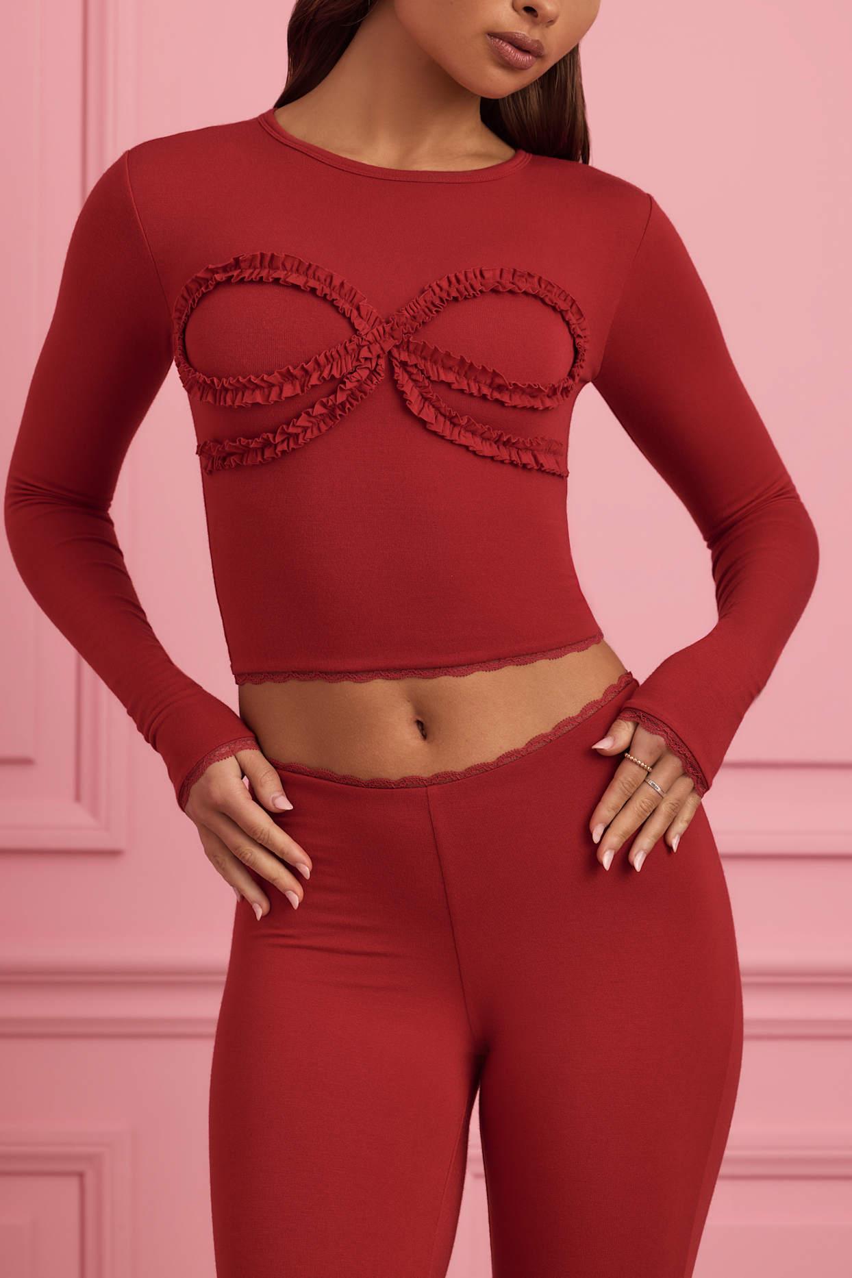 Lace-Trim Appliqué Pyjama Top in Ruby Red Product Image
