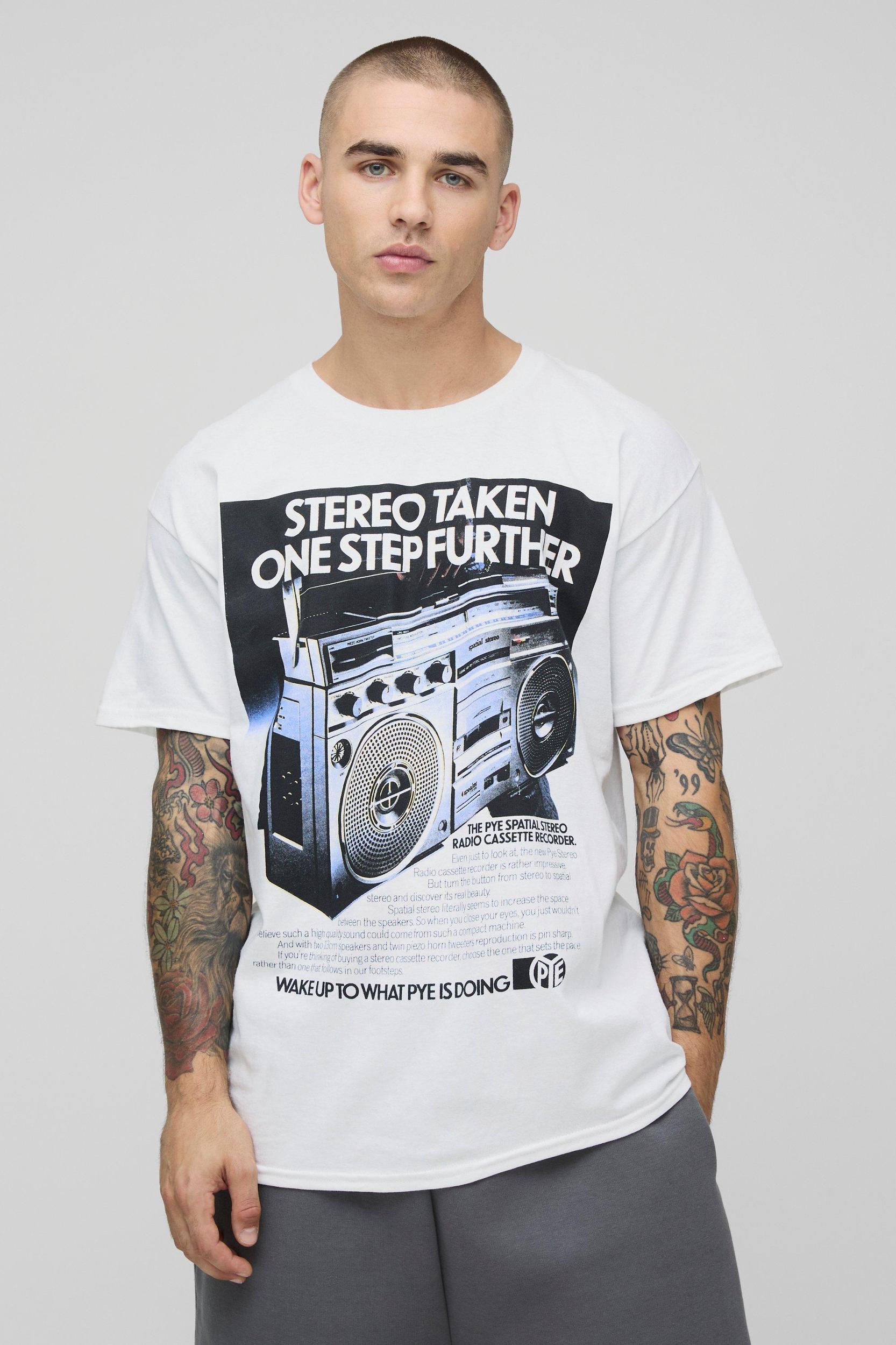 White Regular Fit Pye Stereo License Graphic T Shirt | boohooMAN USA Product Image